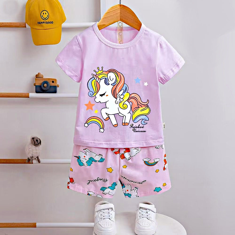AMIONE Casual Cotton Summer Regular Fit Princess Unicorn tshirt Top and Shorts Kids Clothing Set Dress Nightsuit for Baby Girls