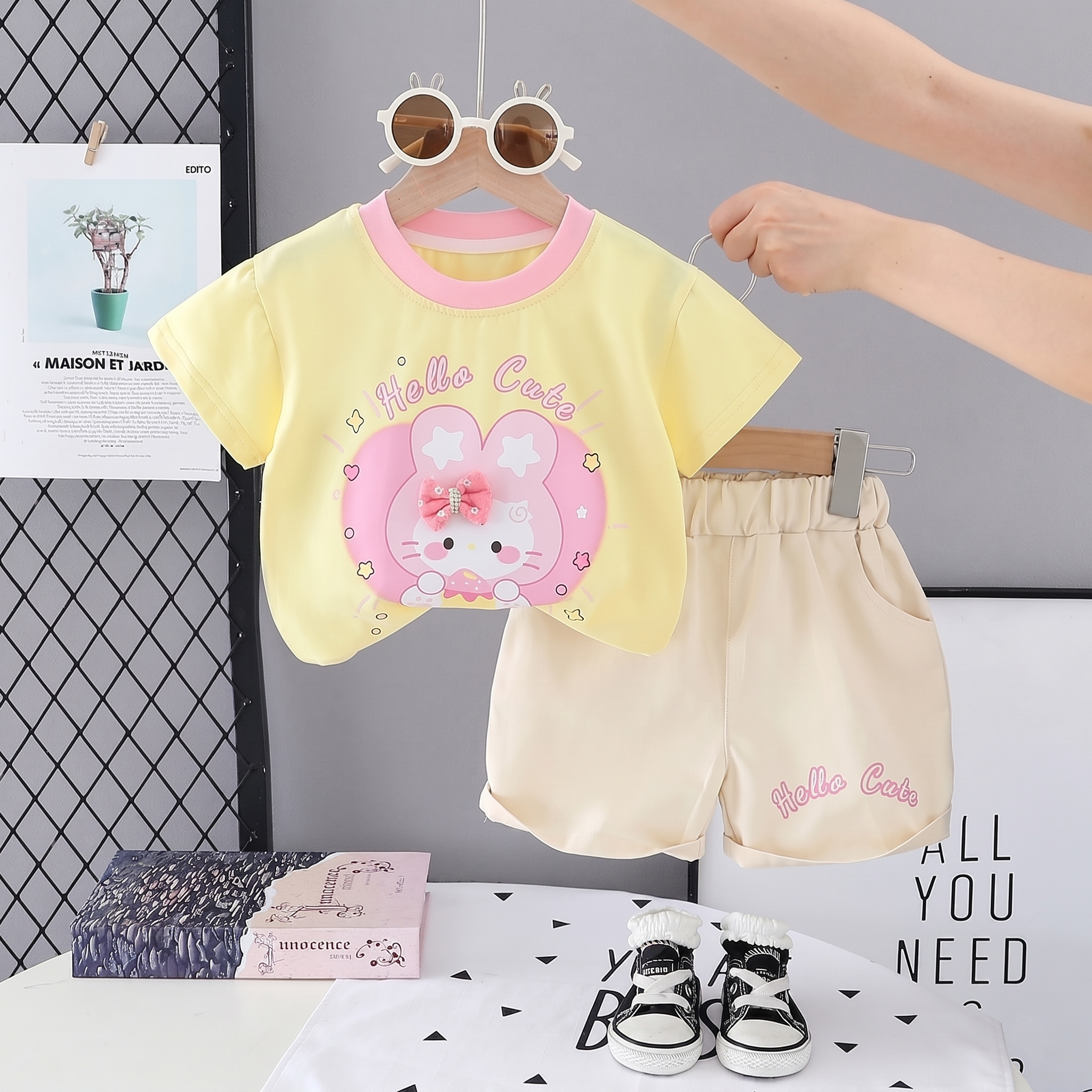 AMIONE Cotton Hello Cute Design Yellow Color Short Sleeve Tshirt and Shorts Clothing Coord Set for Baby Girls