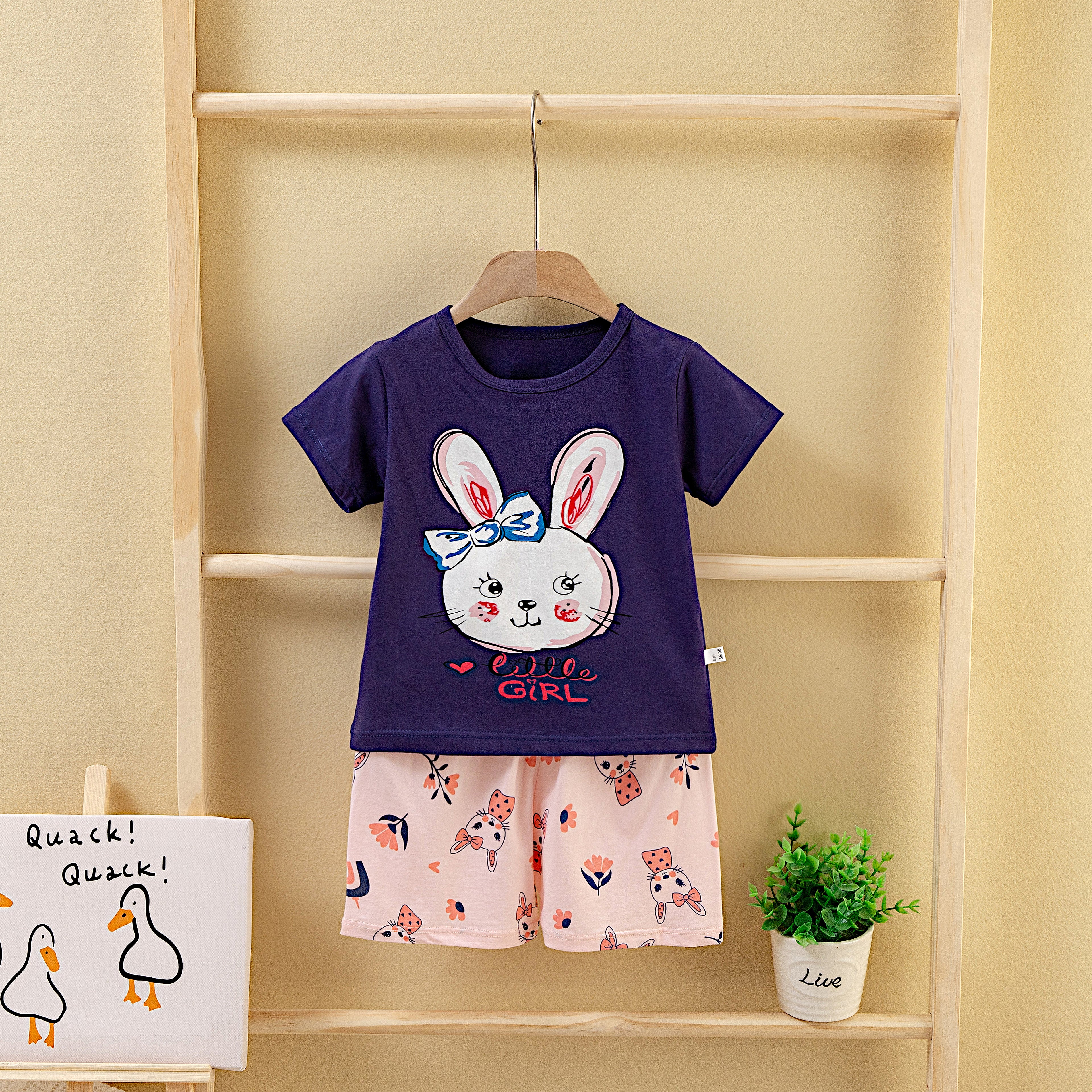 AMIONE Casual Cotton Summer Regular Fit Bow Rabbit tshirt Top and Shorts Kids Clothing Set Dress Nightsuit for Baby Girls