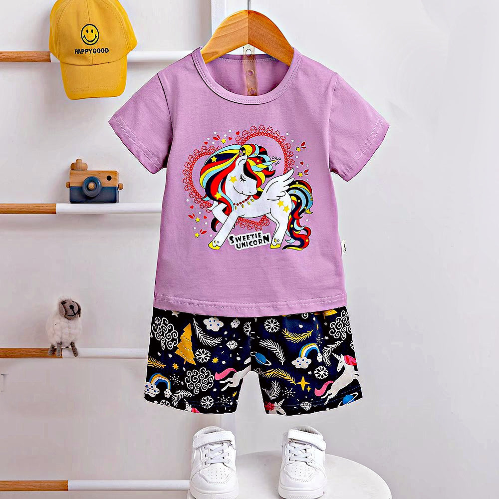 AMIONE Casual Cotton Summer Regular Fit Sweetie Unicorn tshirt Top and Shorts Kids Clothing Set Dress Nightsuit for Baby Girls