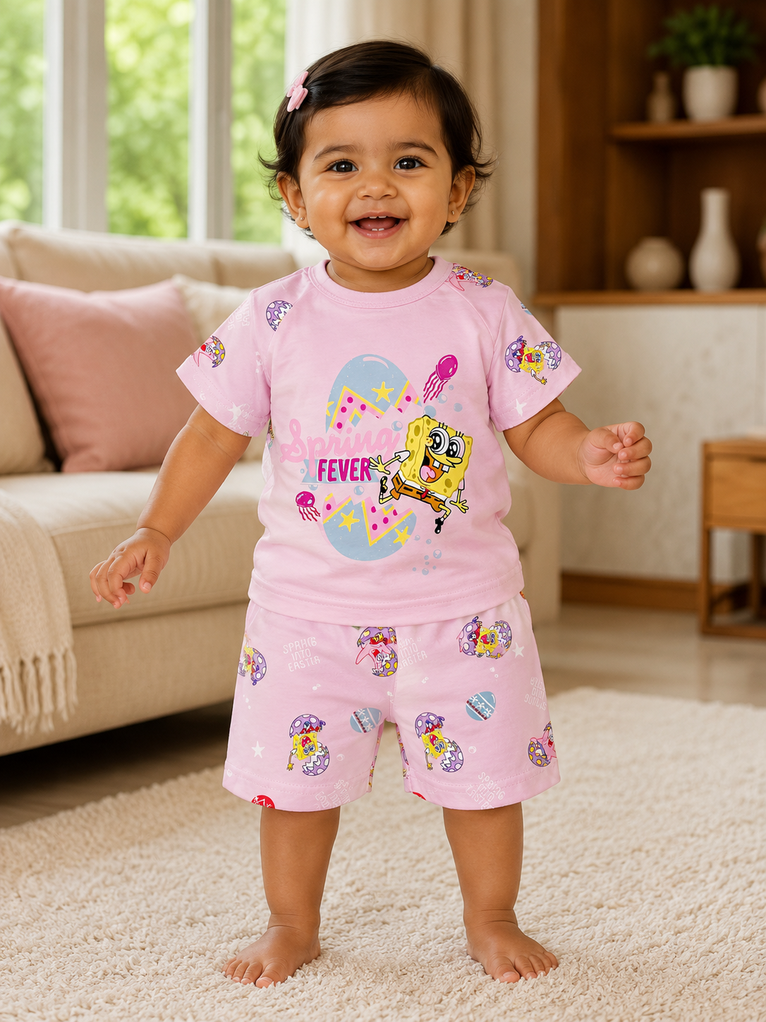 AMIONE Casual Cotton Summer Regular Fit Spongebob tshirt Top and Shorts Kids Clothing Set Dress Nightsuit for Baby Girls & Baby Boys