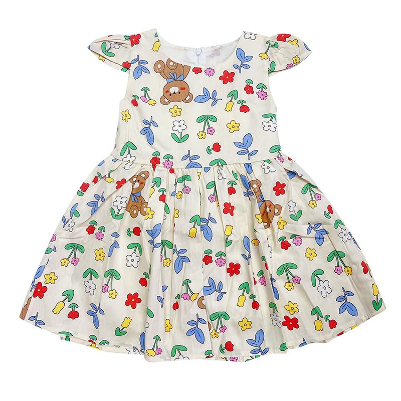 AMIONE Cotton Elegant Fancy Flowers & Teddy Bear Printed Design Summer Party Dress Frock for Baby Girls
