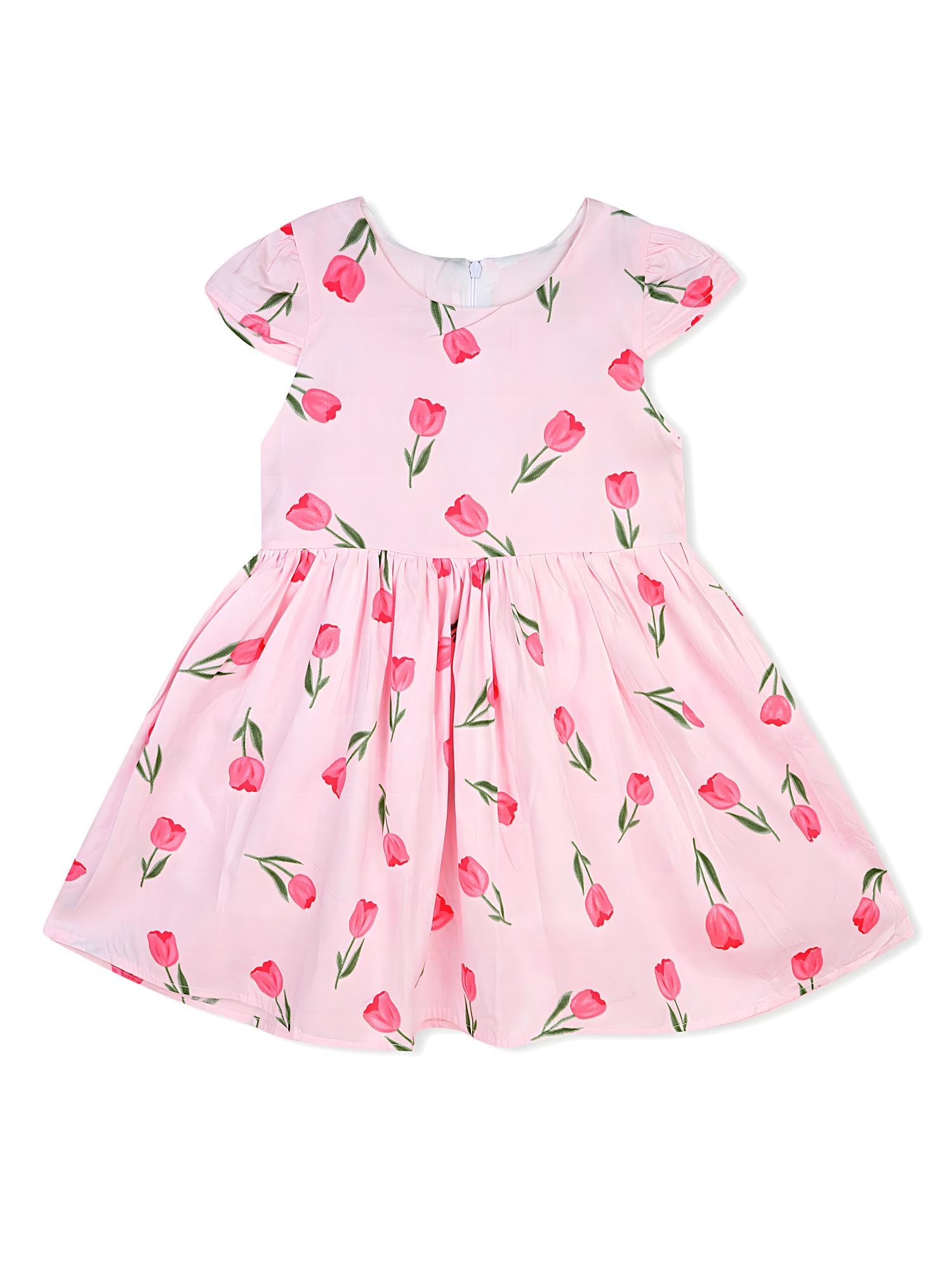AMIONE Cotton Elegant Fancy Tulip Flowers on Pastel Pink Printed Design Summer Party Dress Frock for Baby Girls