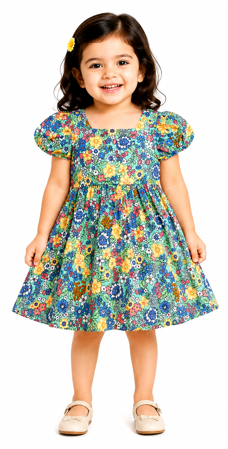 AMIONE Cotton Elegant Fancy Multi Flowers on Green Printed Design Summer Party Dress Frock for Baby Girls