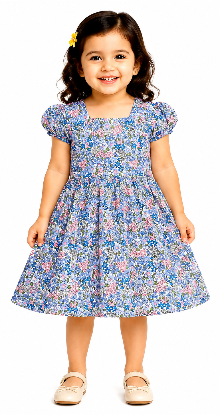 AMIONE Cotton Elegant Fancy Multi Flowers on Pink Printed Design Summer Party Dress Frock for Baby Girls