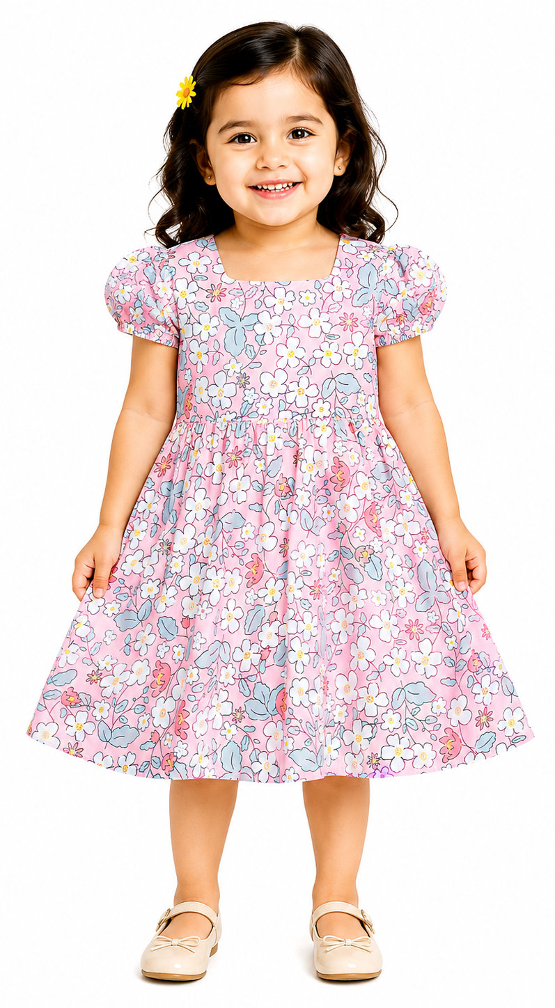 AMIONE Cotton Elegant Fancy Stem Flowers on Pink Printed Design Summer Party Dress Frock for Baby Girls