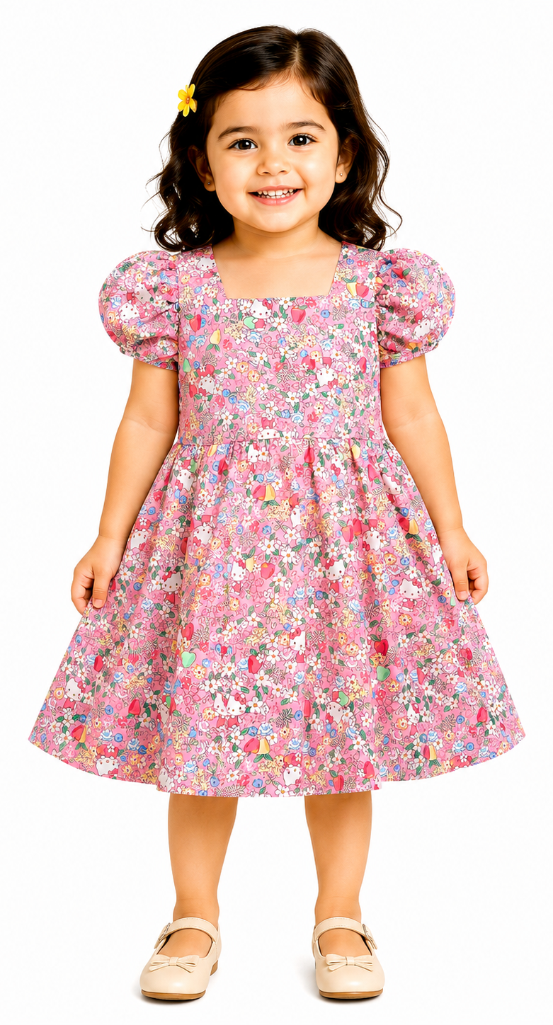 AMIONE Cotton Elegant Fancy Multi Flowers & Kitty on Pink Printed Design Summer Party Dress Frock for Baby Girls