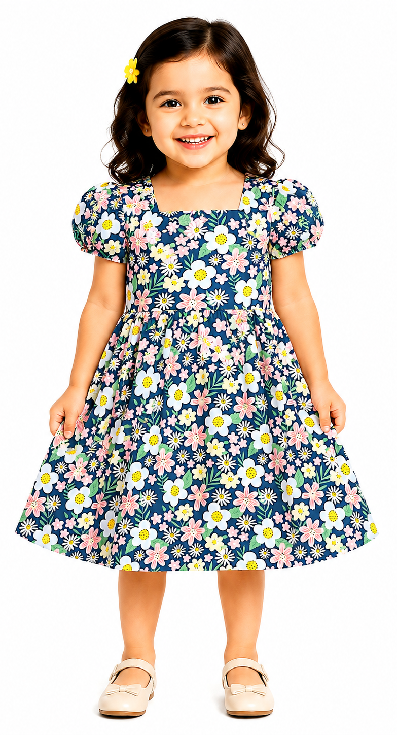 AMIONE Cotton Elegant Fancy Multi Flowers on Blue Printed Design Summer Party Dress Frock for Baby Girls