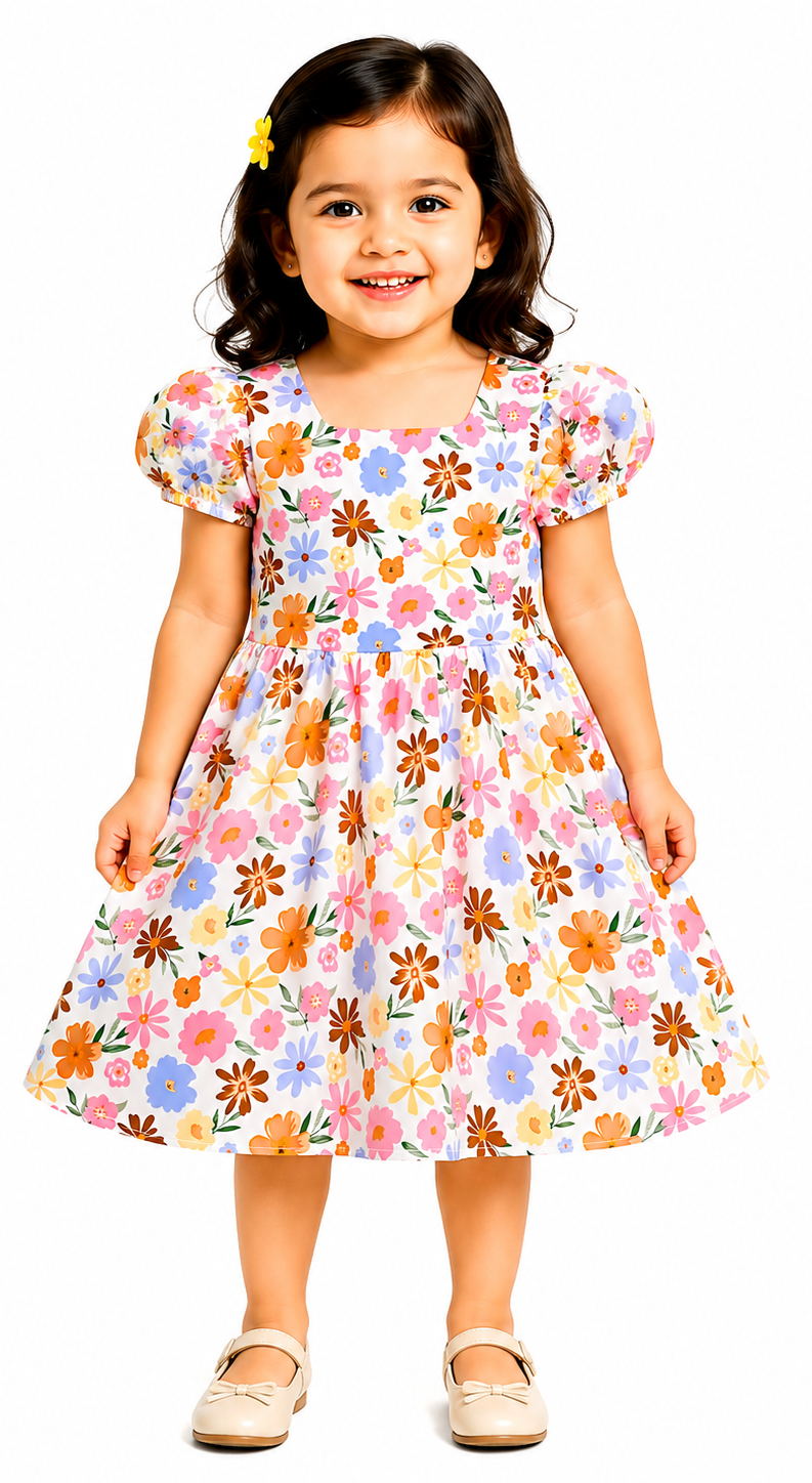AMIONE Cotton Elegant Fancy Pink Flowers on White Printed Design Summer Party Dress Frock for Baby Girls