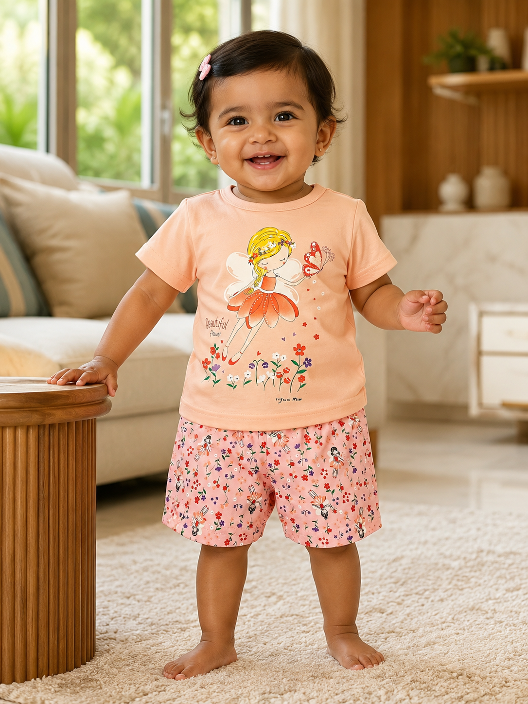 AMIONE Casual Cotton Summer Regular Fit Tinkerbell tshirt Top and Shorts Kids Clothing Set Dress Nightsuit for Baby Girls
