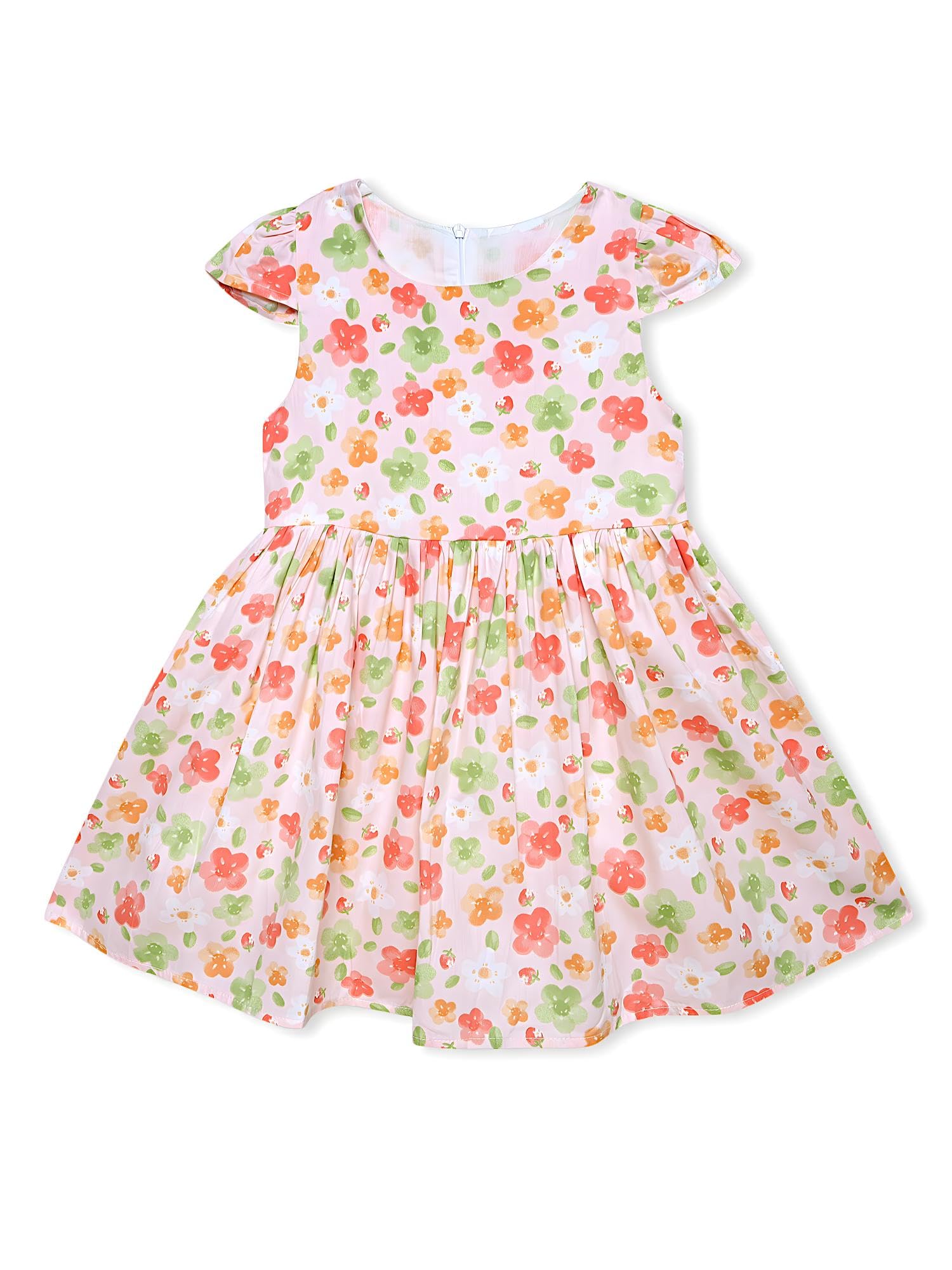 AMIONE Cotton Elegant Fancy Orange Green Flowers Printed Design Summer Party Dress Frock for Baby Girls