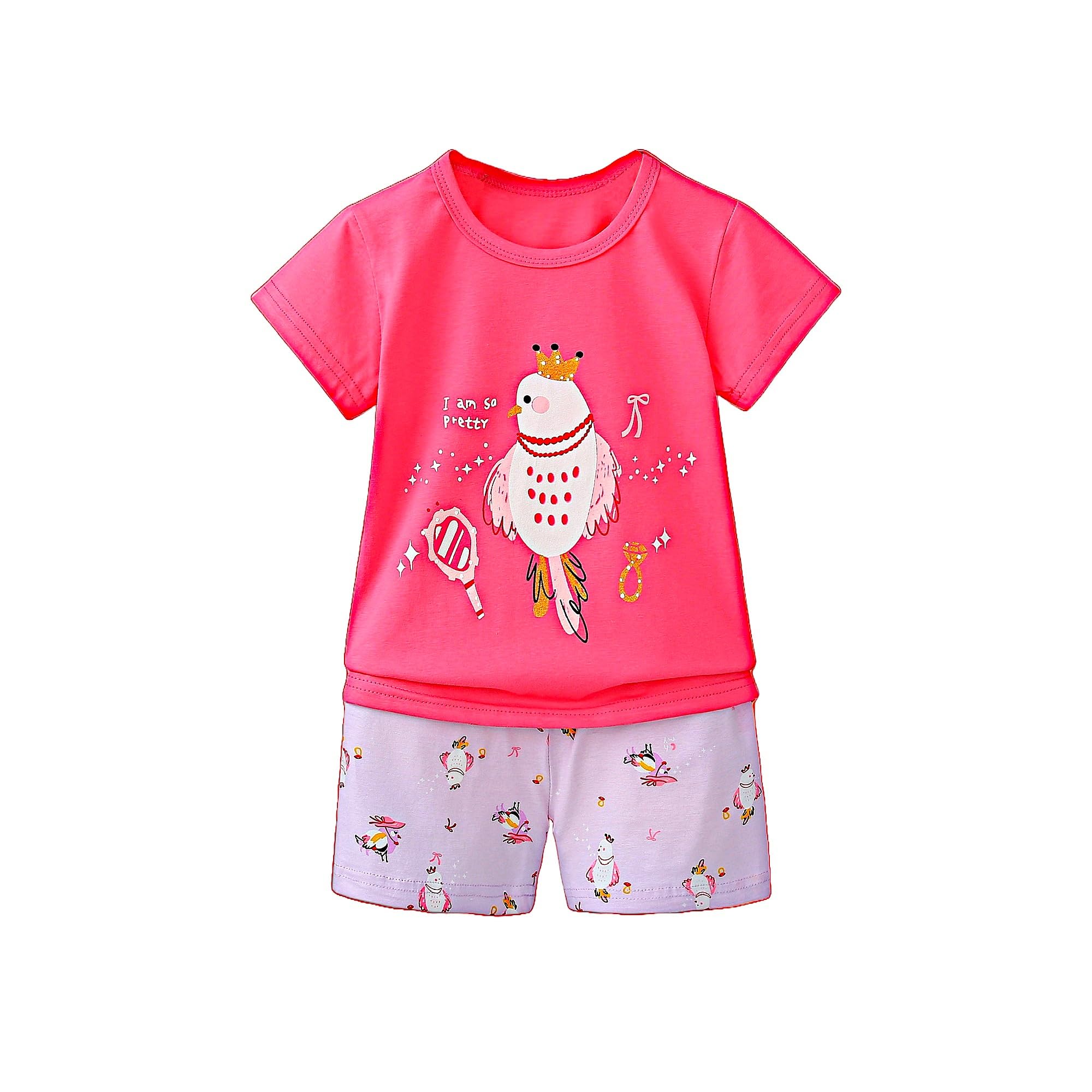AMIONE Casual 100% Cotton Summer Regular Fit Pigeon tshirt Top and Shorts Kids Clothing Set Dress Nightsuit for Baby Girls