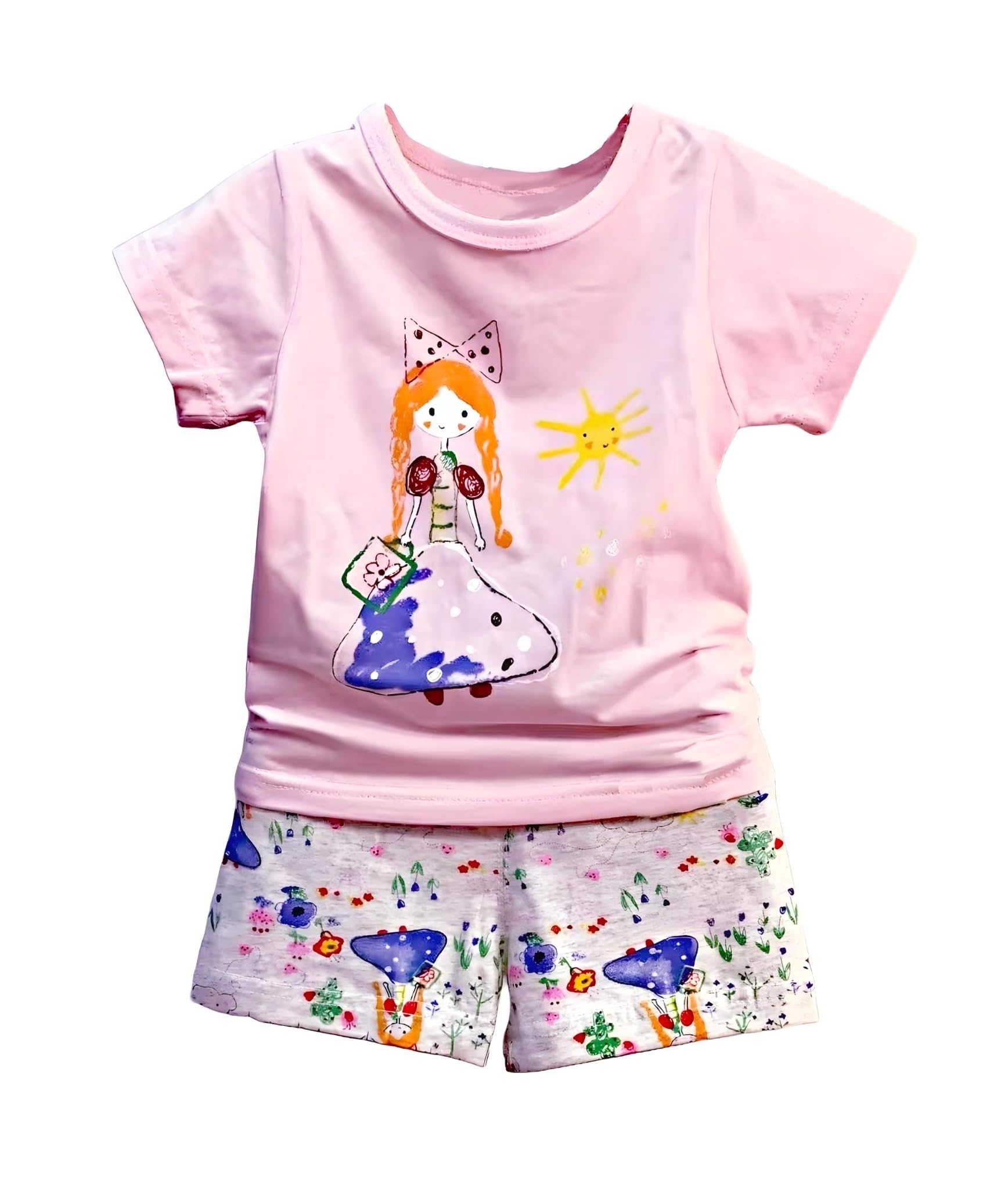 AMIONE Casual Cotton Summer Regular Fit Girl Doodle tshirt Top and Shorts Kids Clothing Set Dress Nightsuit for Baby Girls