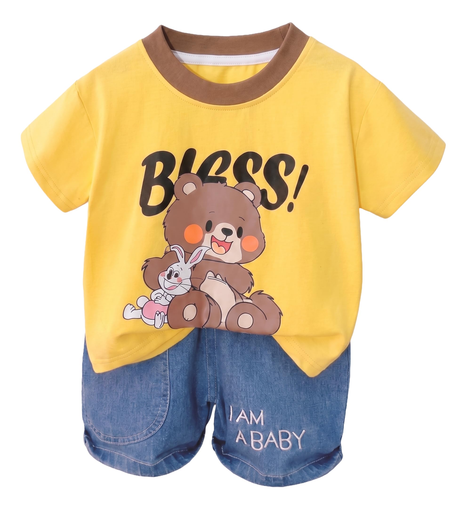 AMIONE Cotton Bless Bear Design Short Sleeve Tshirt and Denim Shorts Clothing Coord Set for Baby Boys & Girls