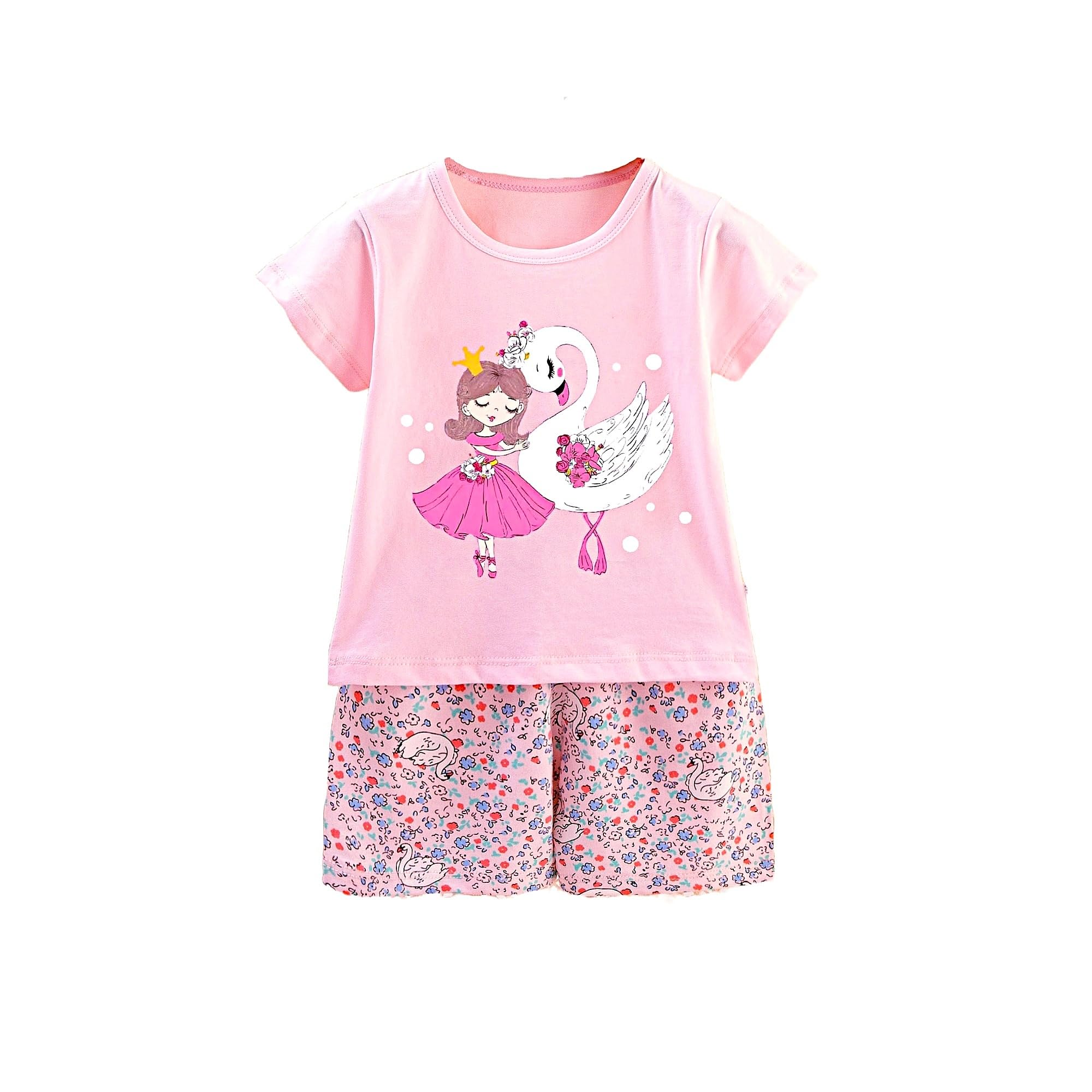 AMIONE Casual Cotton Summer Regular Fit Girl Swan tshirt Top and Shorts Kids Clothing Set Dress Nightsuit for Baby Girls