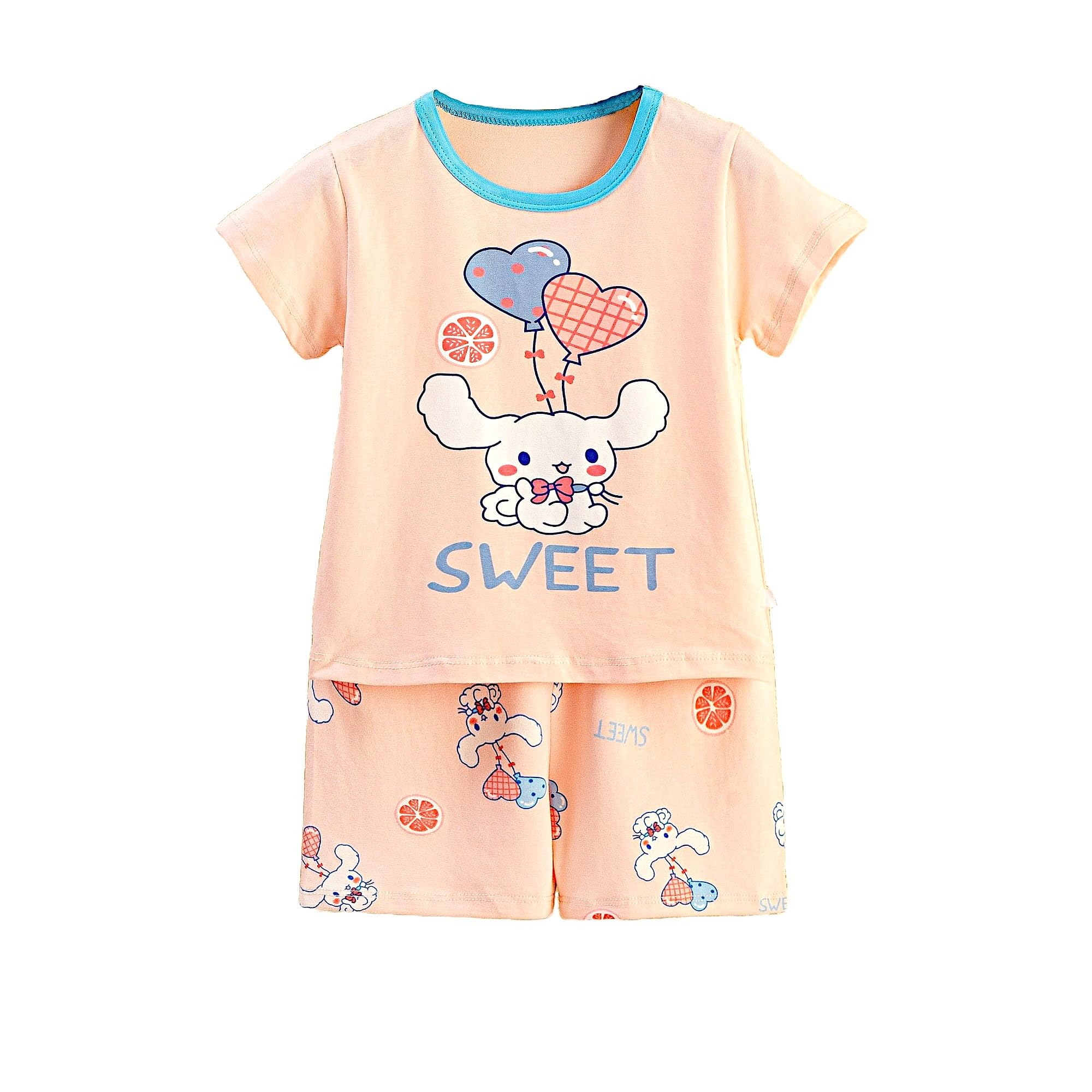 AMIONE Casual Cotton Summer Regular Fit Heart Rabbit tshirt Top and Shorts Kids Clothing Set Dress Nightsuit for Baby Girls