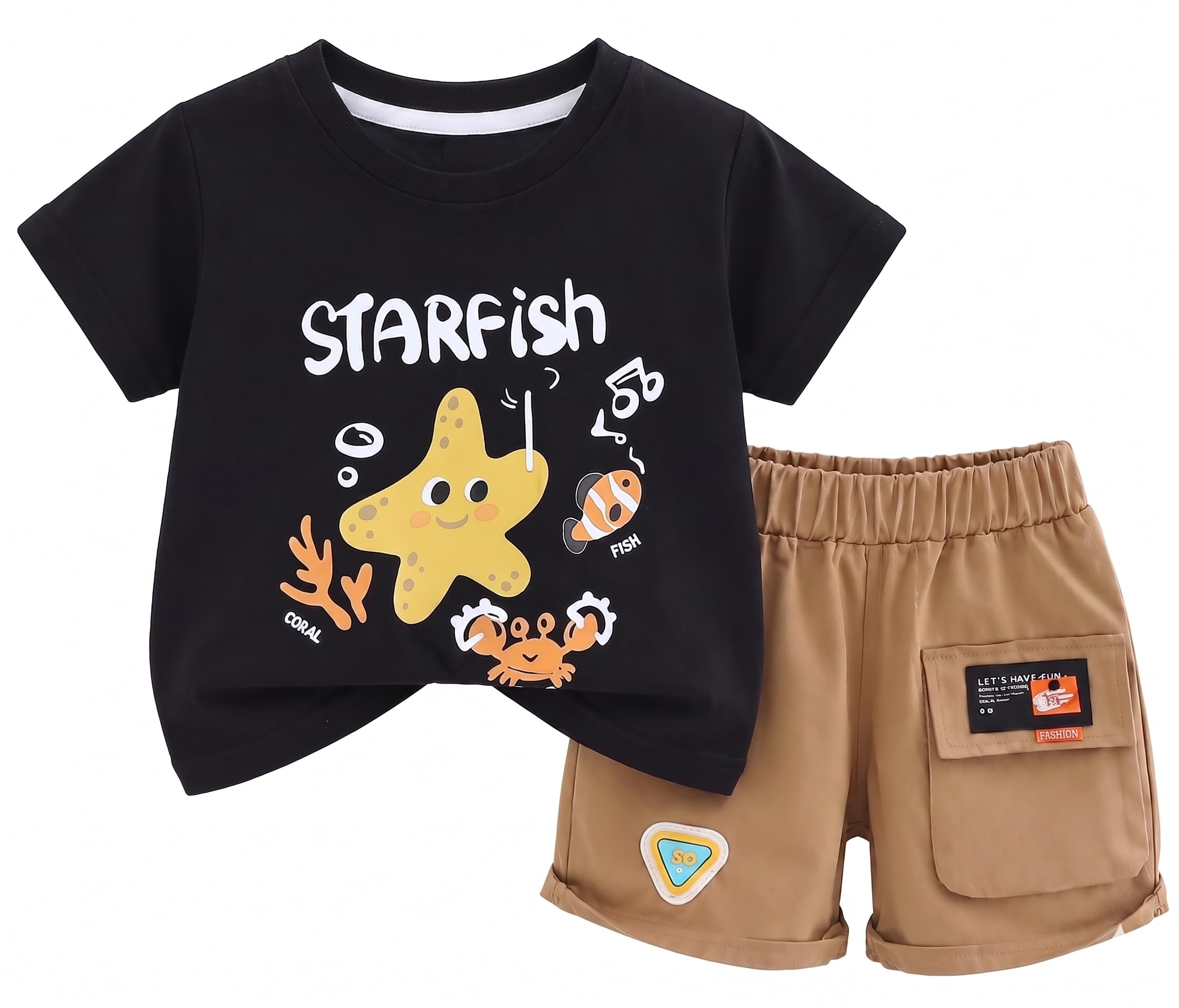 AMIONE Cotton Starfish Black Design Short Sleeve Tshirt and Shorts Clothing Coord Set for Baby Boys & Girls
