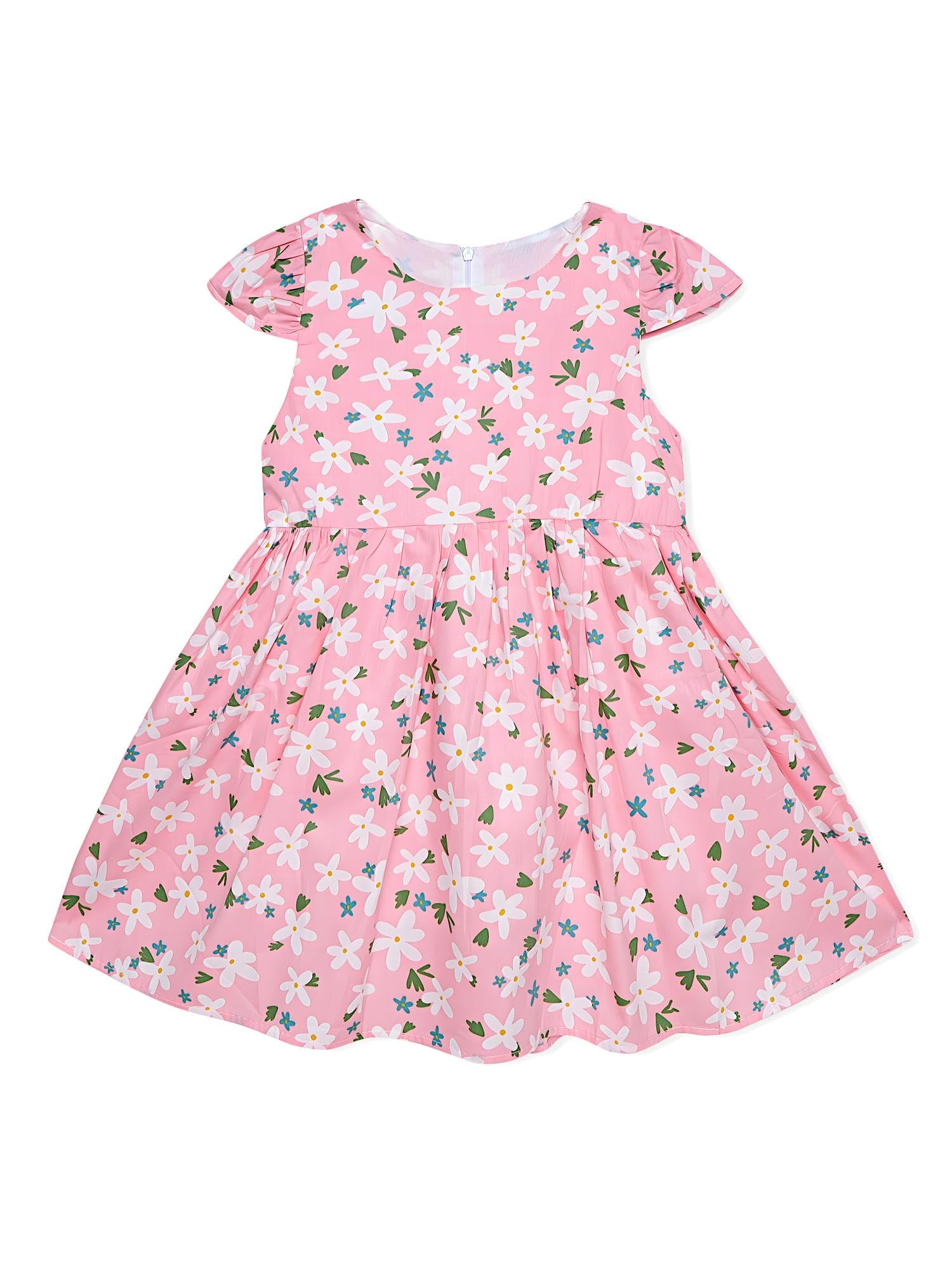 AMIONE Cotton Elegant Fancy Flowers Stars Printed Design Summer Party Dress Frock for Baby Girls