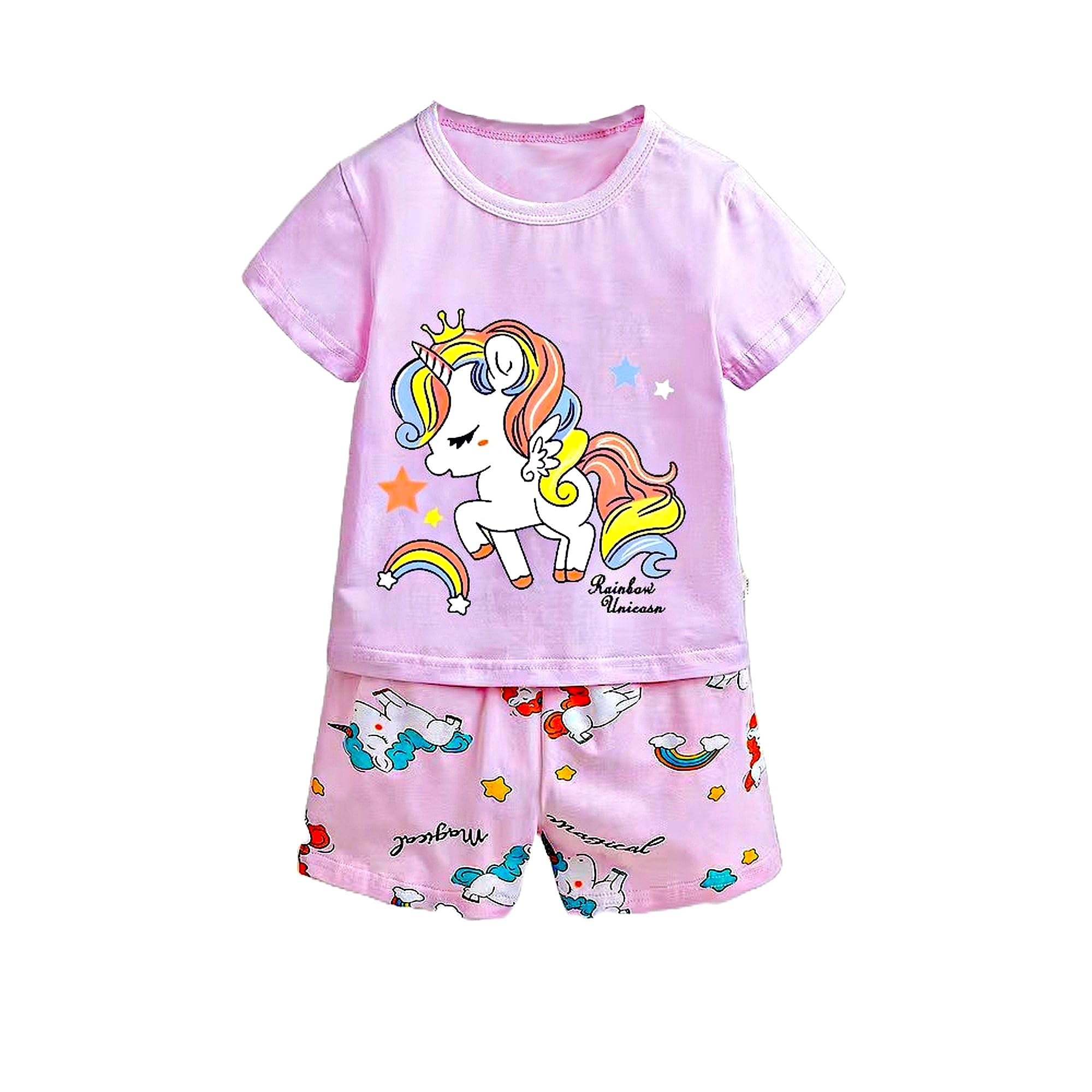 AMIONE Casual Cotton Summer Regular Fit Princess Unicorn tshirt Top and Shorts Kids Clothing Set Dress Nightsuit for Baby Girls