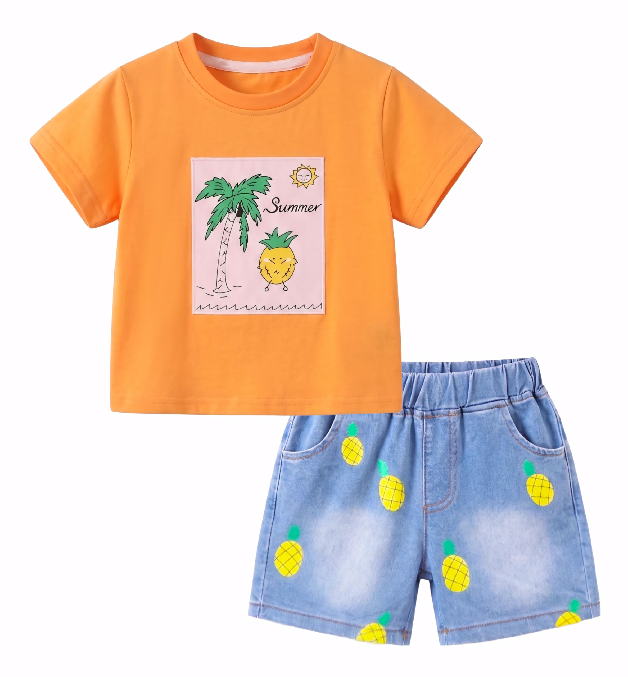 AMIONE Cotton Pineapple Orange Palm Pineapple Design Short Sleeve Tshirt and Shorts Clothing Coord Set for Baby Boys & Girls