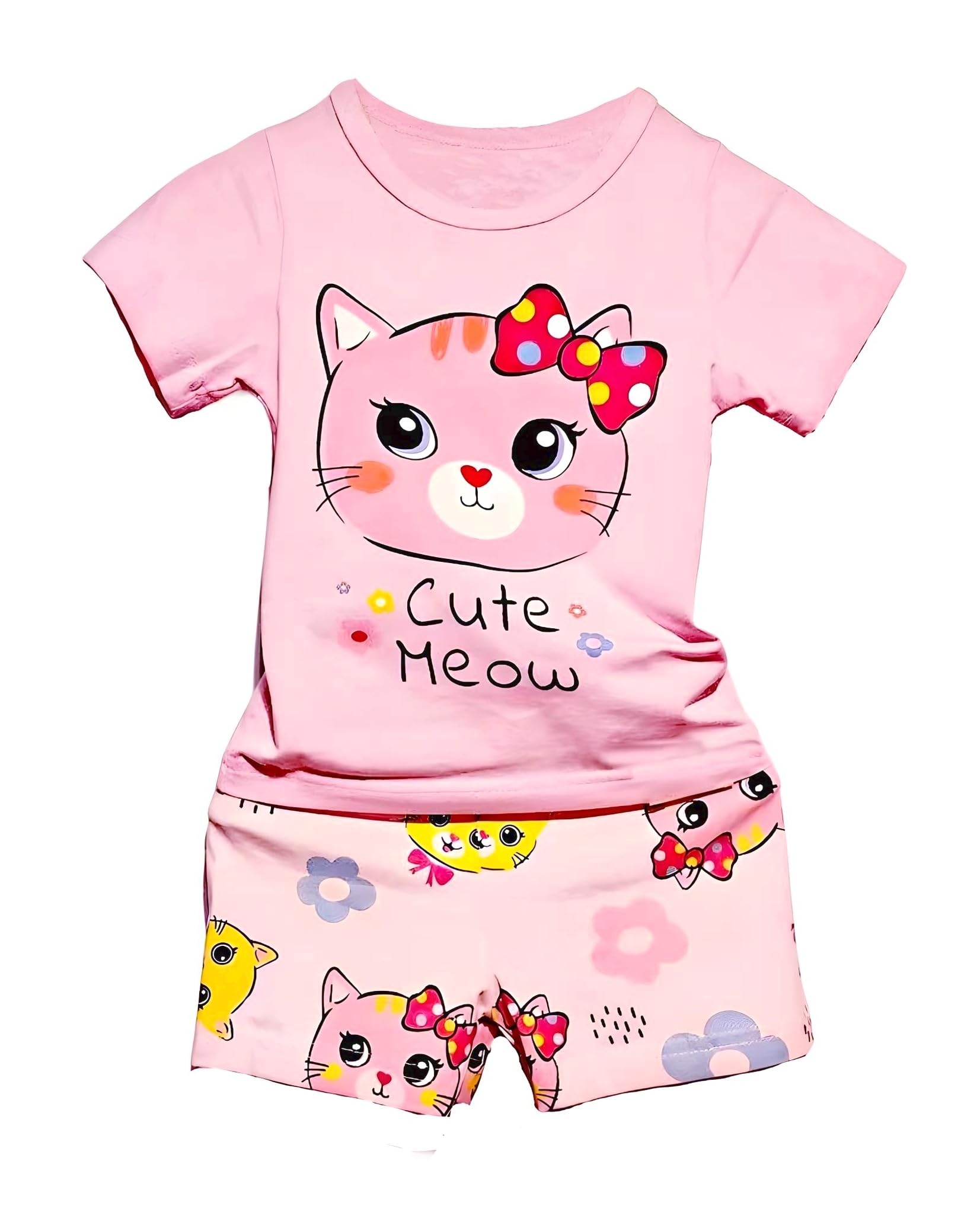 AMIONE Casual Cotton Summer Regular Fit Meow Cat tshirt Top and Shorts Kids Clothing Set Dress Nightsuit for Baby Girls