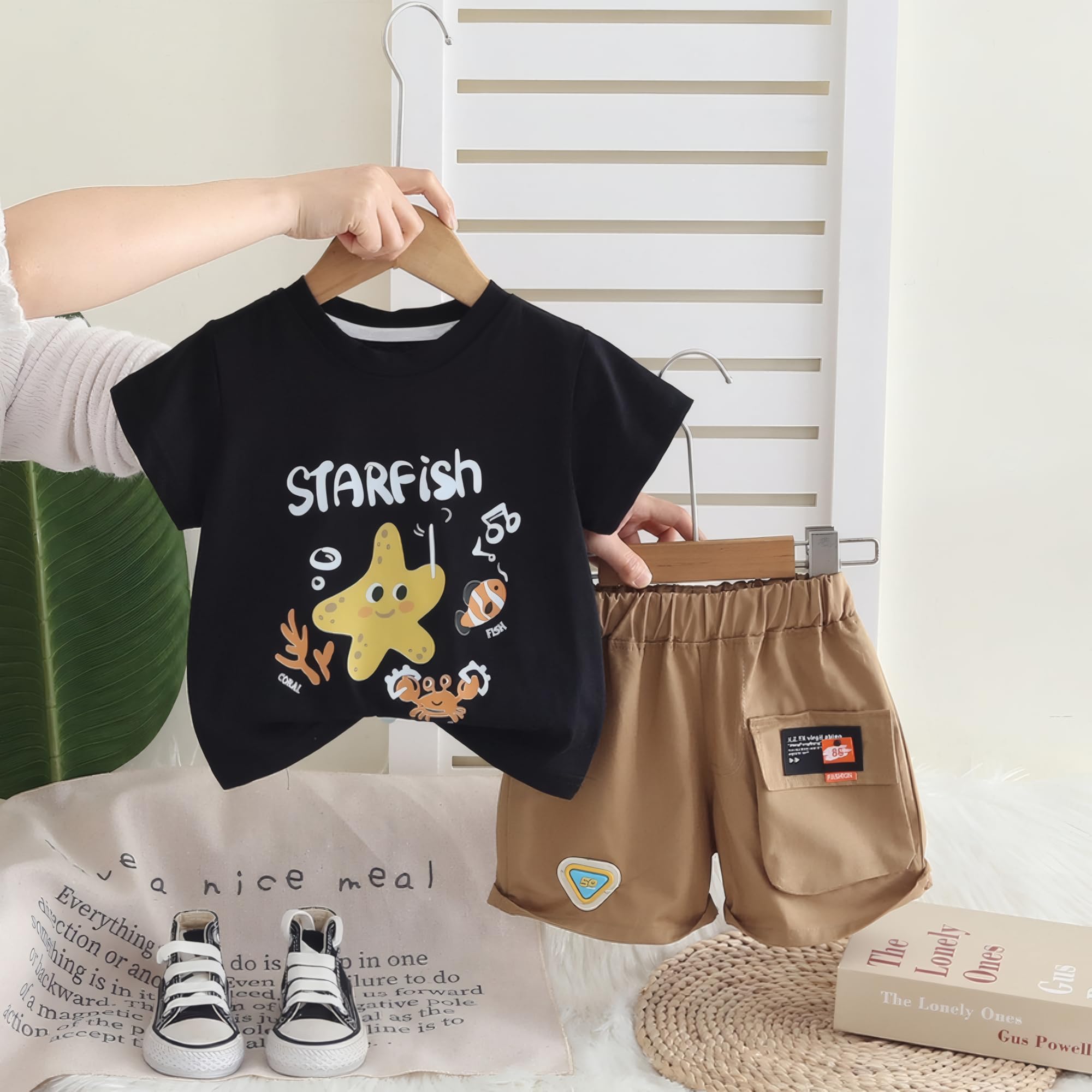 AMIONE Cotton Starfish Black Design Short Sleeve Tshirt and Shorts Clothing Coord Set for Baby Boys & Girls