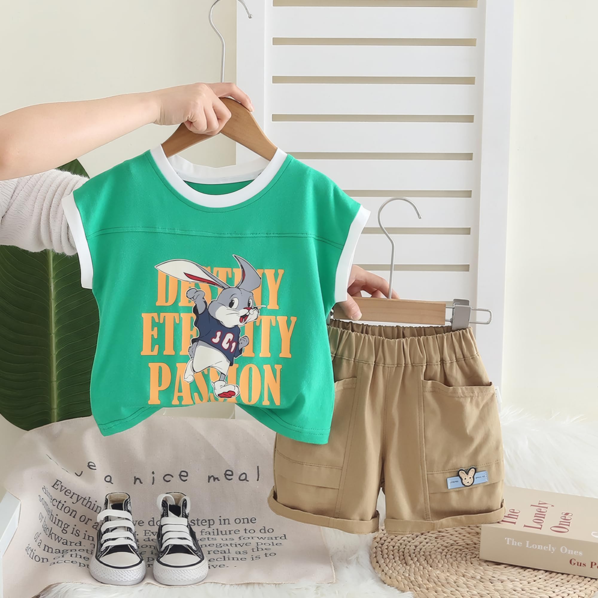 AMIONE Cotton Rabbit Sleeveless Covers Green Bunny Running Design Short Sleeve Tshirt and Shorts Clothing Coord Set for Baby Boys & Girls