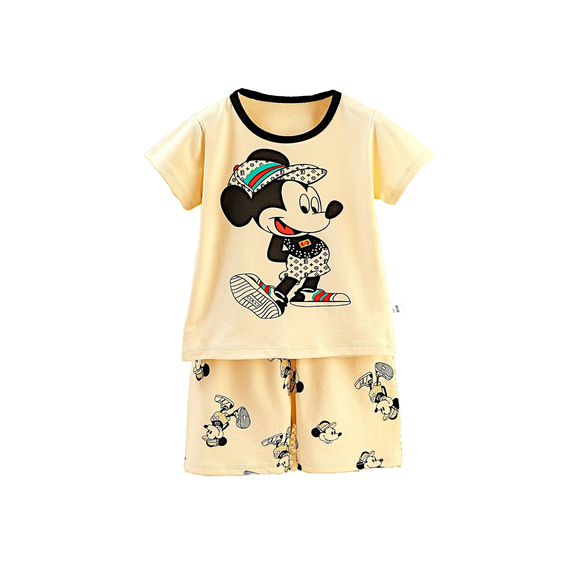 AMIONE Casual Cotton Summer Regular Fit Mickey Mouse tshirt Top and Shorts Kids Clothing Set Dress Nightsuit for Baby Girls & Baby Boys