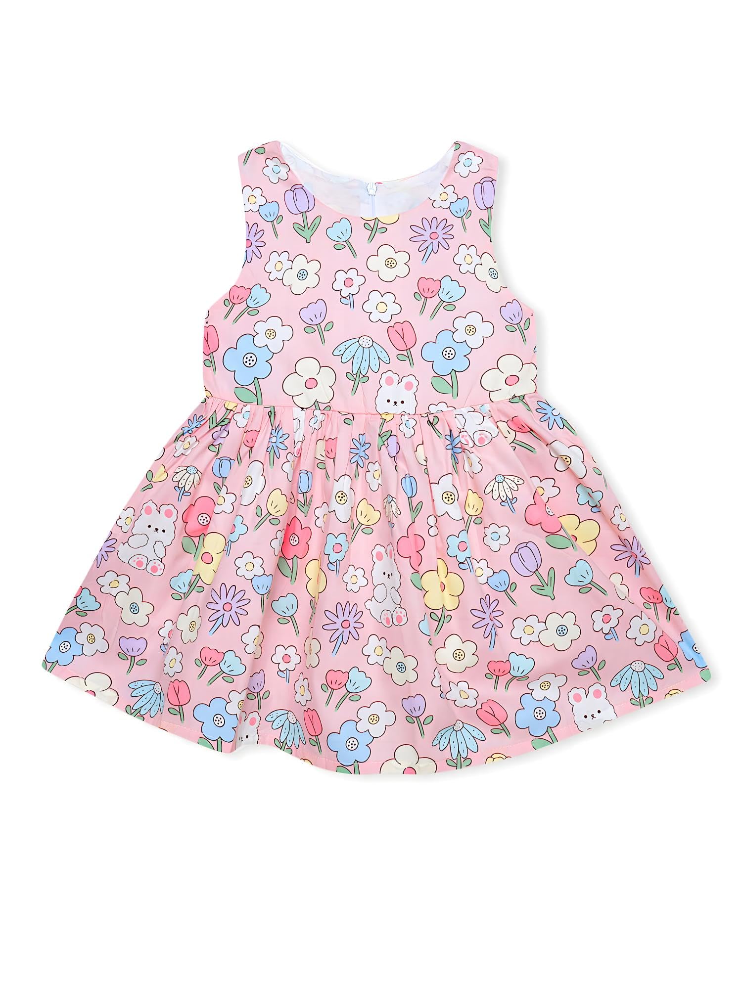 AMIONE Cotton Elegant Fancy Flowers & Bunny Printed Design Summer Party Dress Frock for Baby Girls