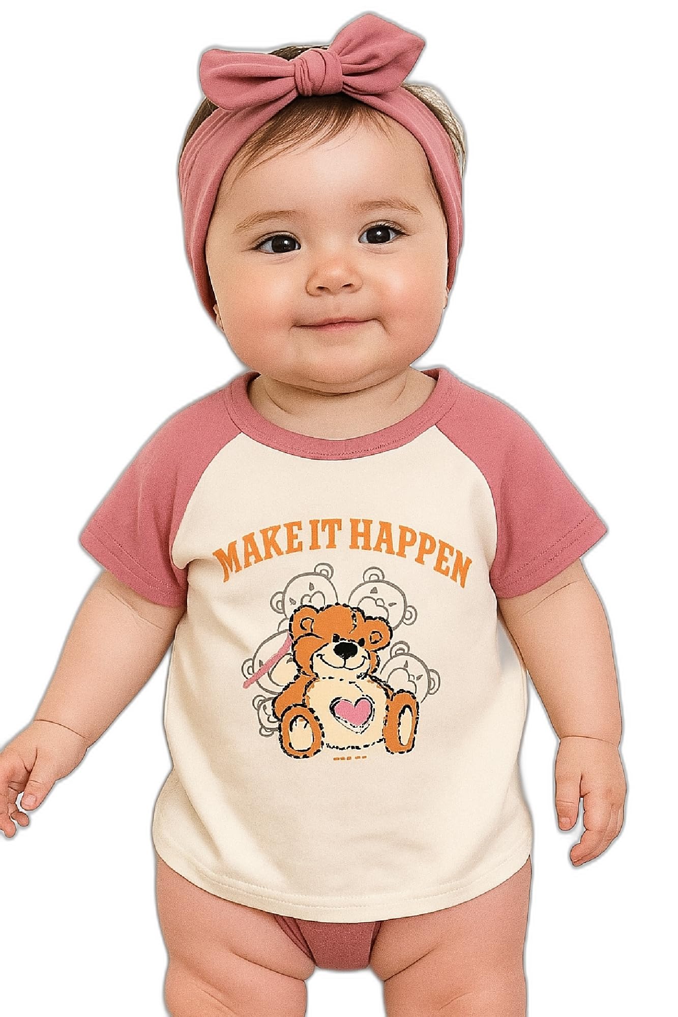 AMIONE Baby Girls Toddler Tshirt – Pure Cotton Round Neck Make It Happen Bear Summer Soft Breathable & Comfortable Casual Wear Top