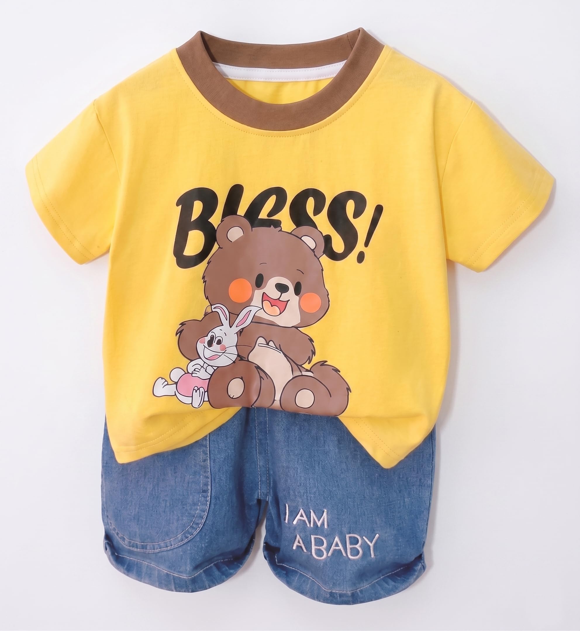 AMIONE Cotton Bless Bear Design Short Sleeve Tshirt and Denim Shorts Clothing Coord Set for Baby Boys & Girls