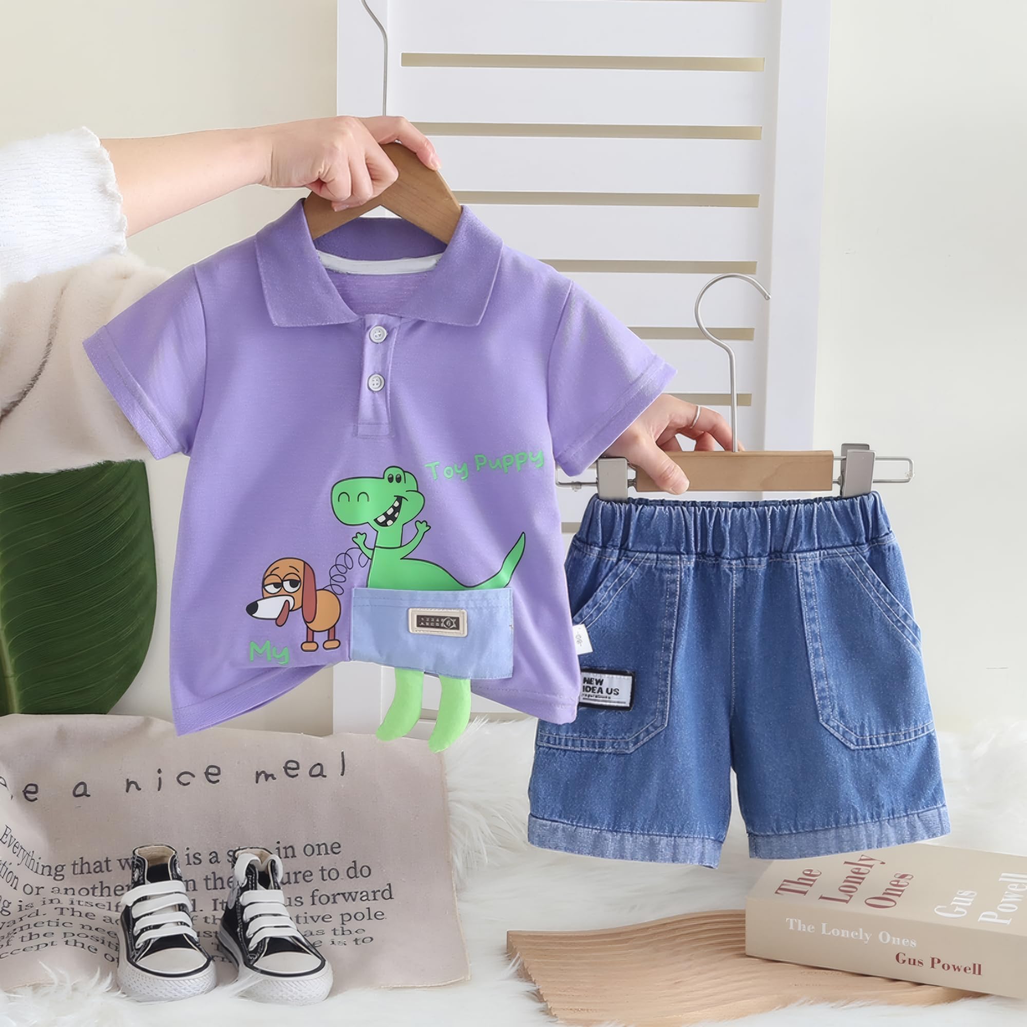 AMIONE Cotton Puppy and Dinosaur Purple Polo Collar Design Short Sleeve Tshirt and Shorts Clothing Coord Set for Baby Boys & Girls