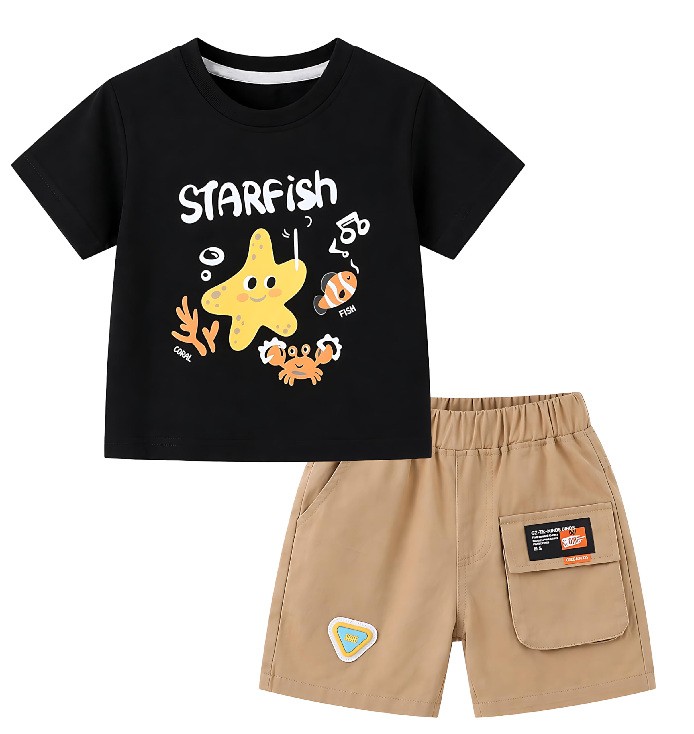 AMIONE Cotton Starfish Black Design Short Sleeve Tshirt and Shorts Clothing Coord Set for Baby Boys & Girls
