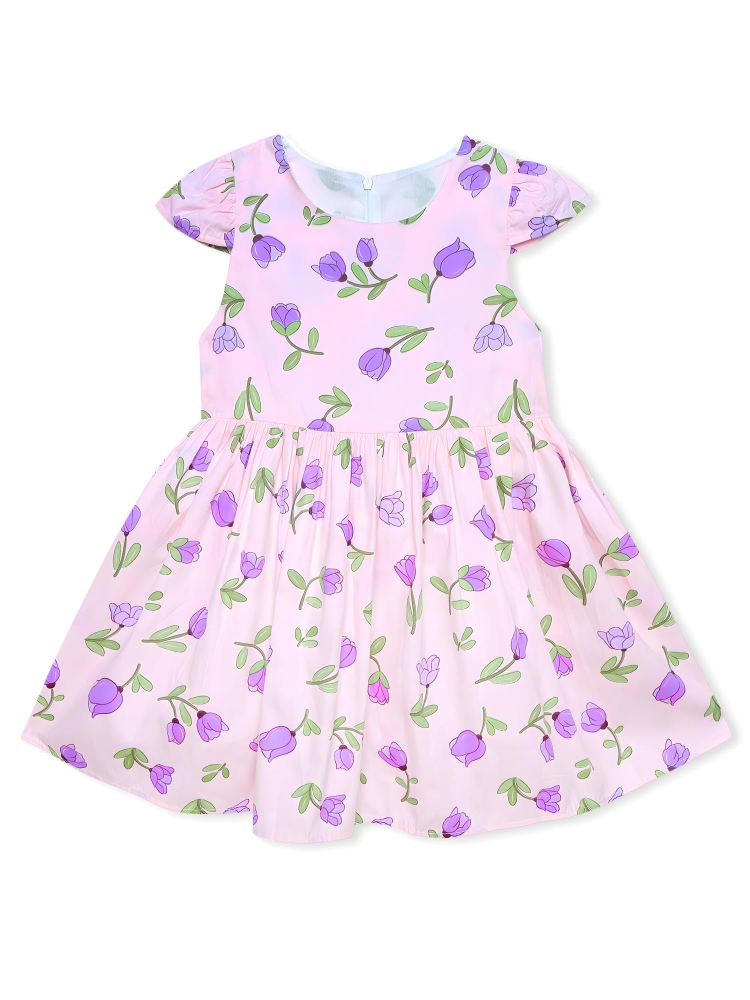 AMIONE Cotton Elegant Fancy Tulip Flowers on Purple Printed Design Summer Party Dress Frock for Baby Girls