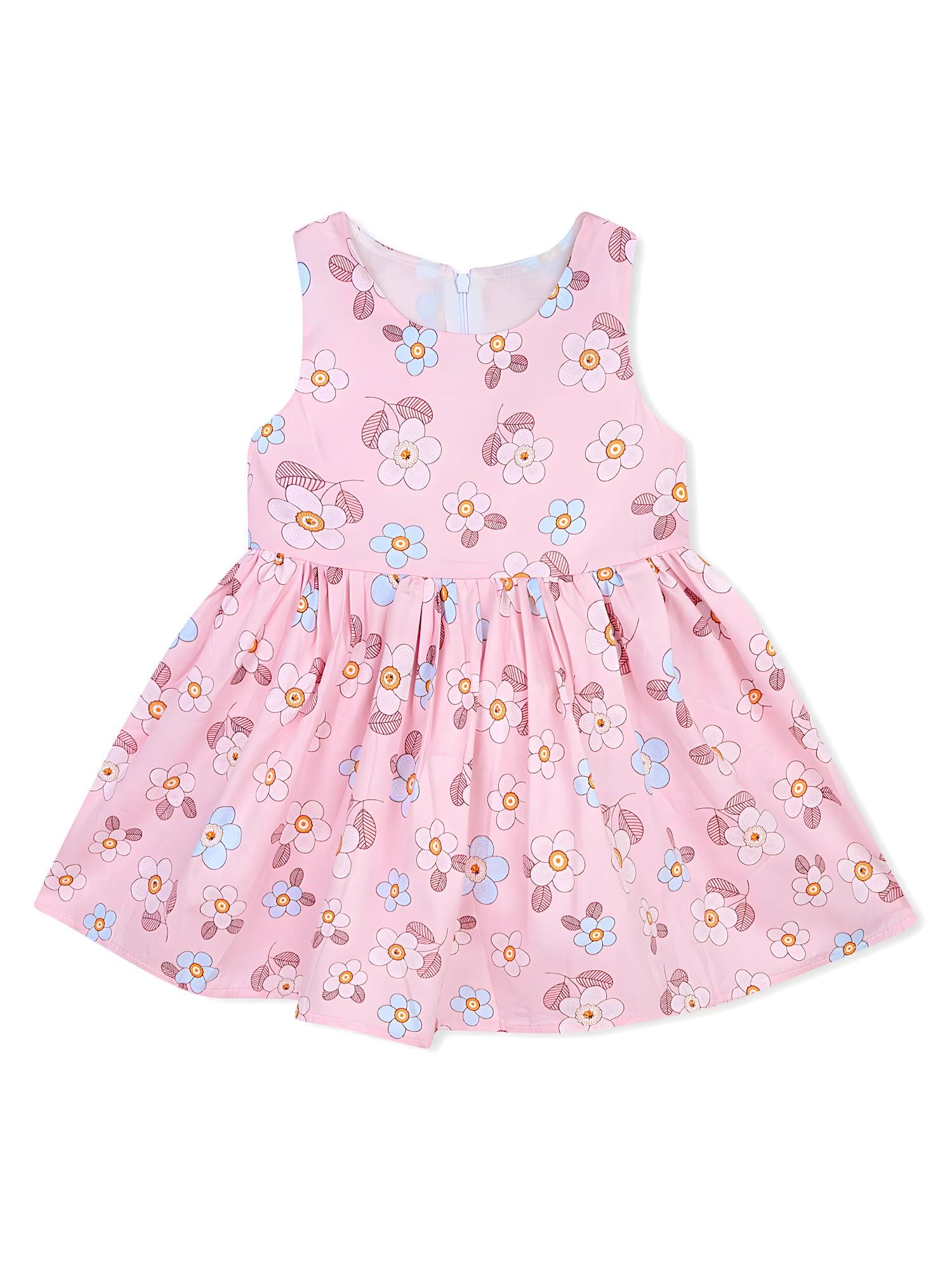 AMIONE Cotton Elegant Fancy Blue White Flowers Pink Printed Design Summer Party Dress Frock for Baby Girls
