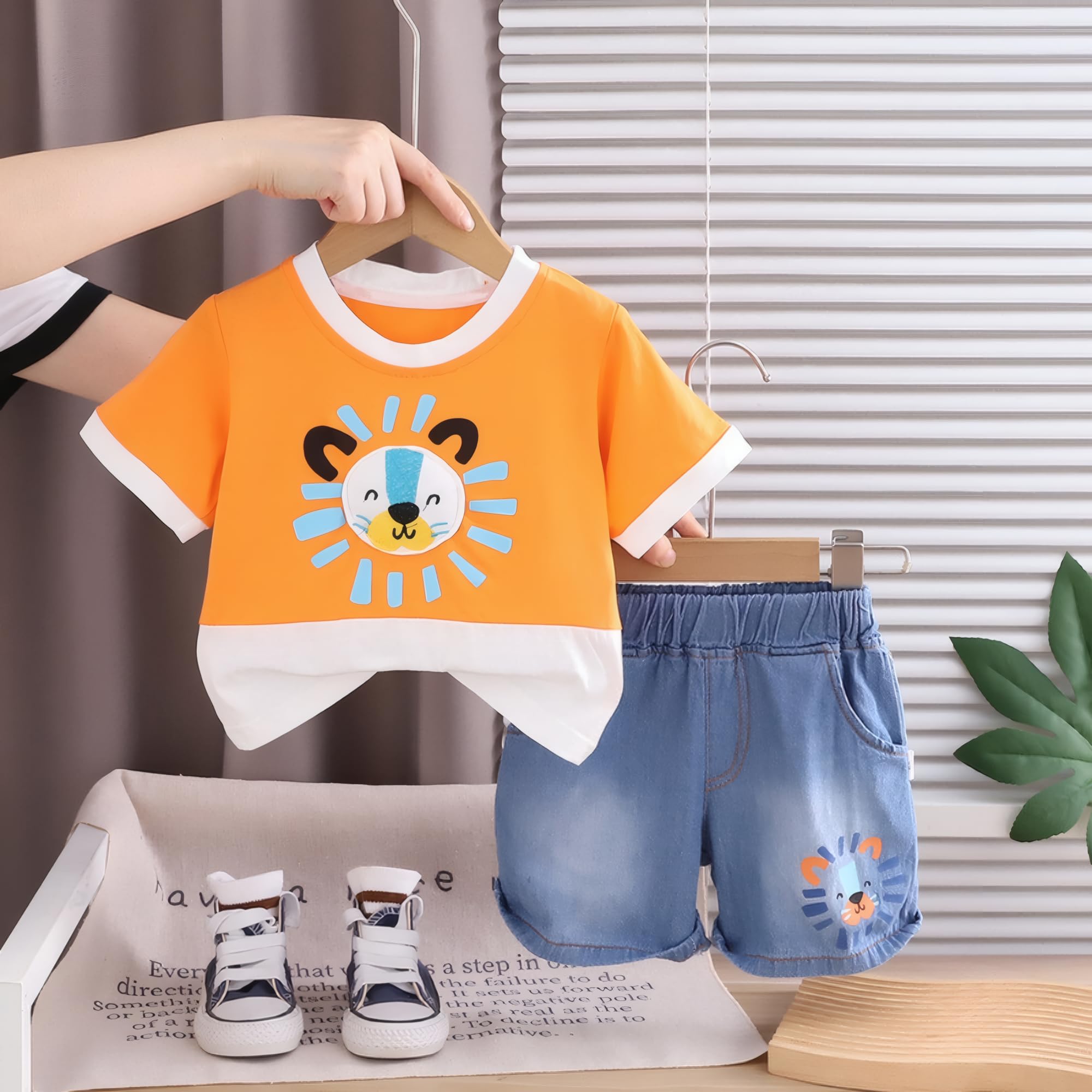 AMIONE Cotton Orange Lion Design Short Sleeve Tshirt and Shorts Clothing Coord Set for Baby Boys & Girls