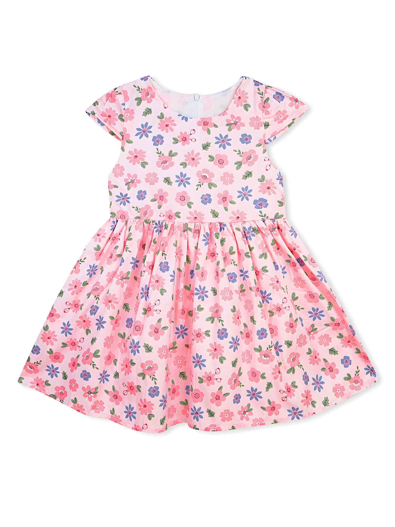 AMIONE Cotton Elegant Fancy Round Blue Flowers on Pink Printed Design Summer Party Dress Frock for Baby Girls