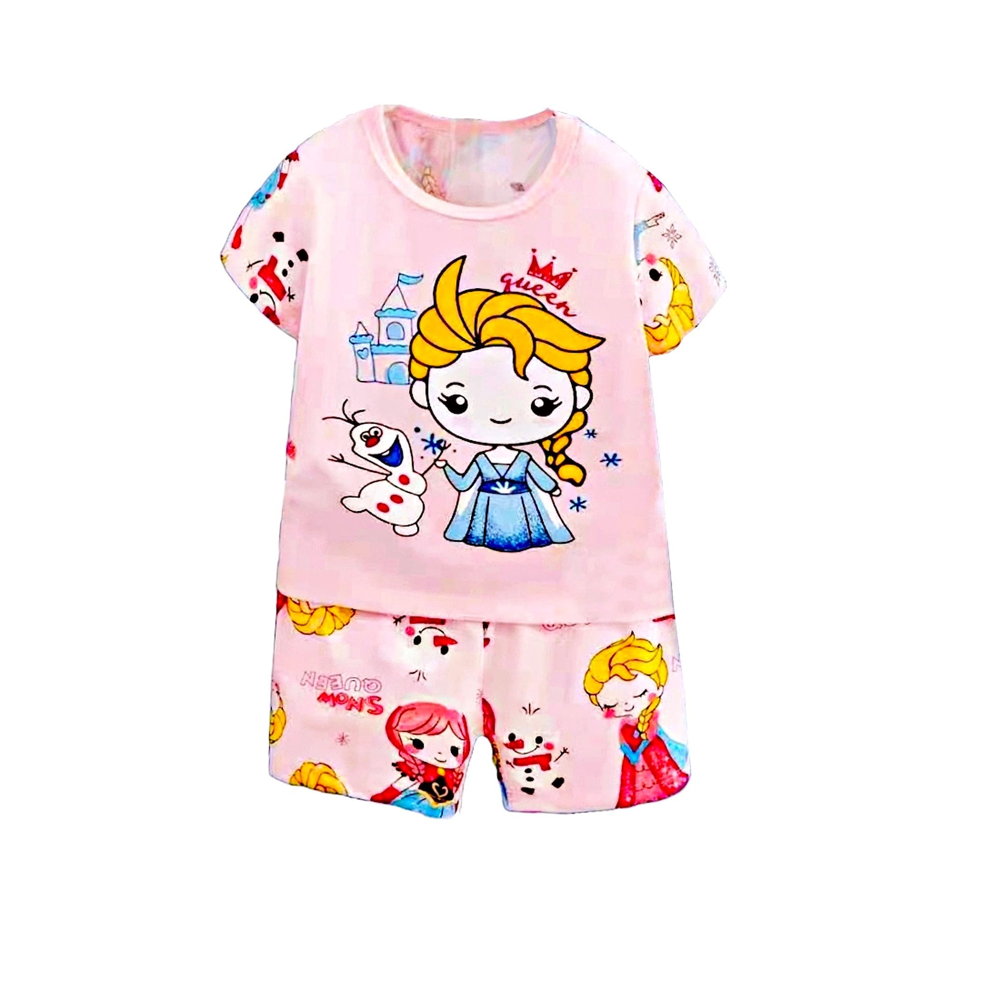 AMIONE Casual Cotton Summer Regular Fit Elsa Frozen tshirt Top and Shorts Kids Clothing Set Dress Nightsuit for Baby Girls