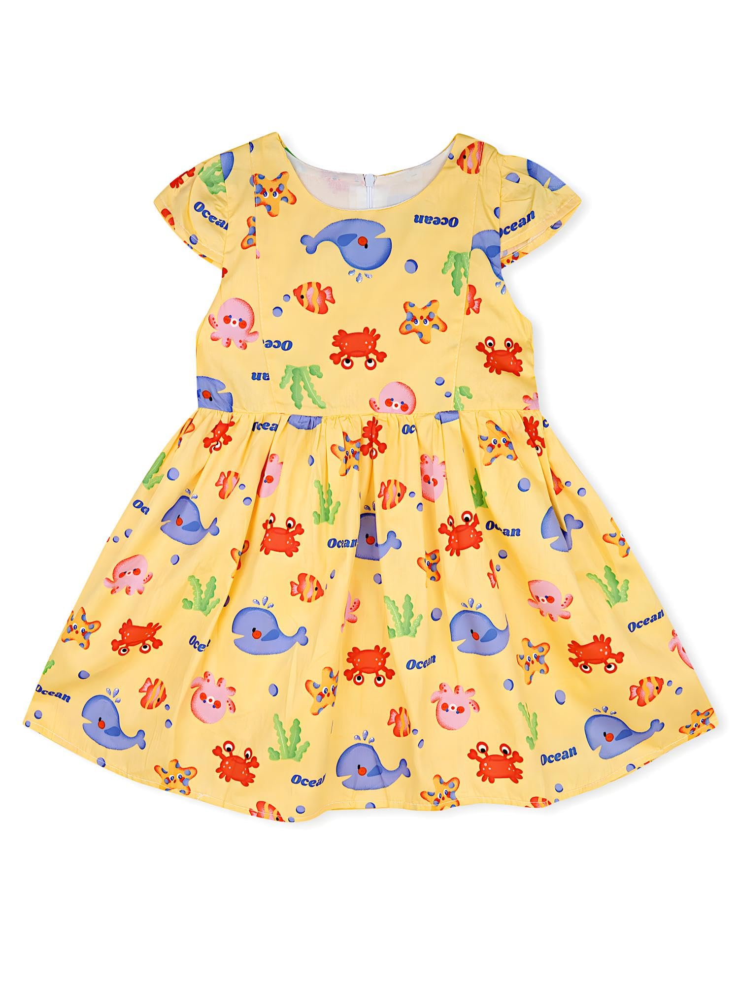 AMIONE Cotton Elegant Fancy Sea Animals Printed Design Summer Party Dress Frock for Baby Girls