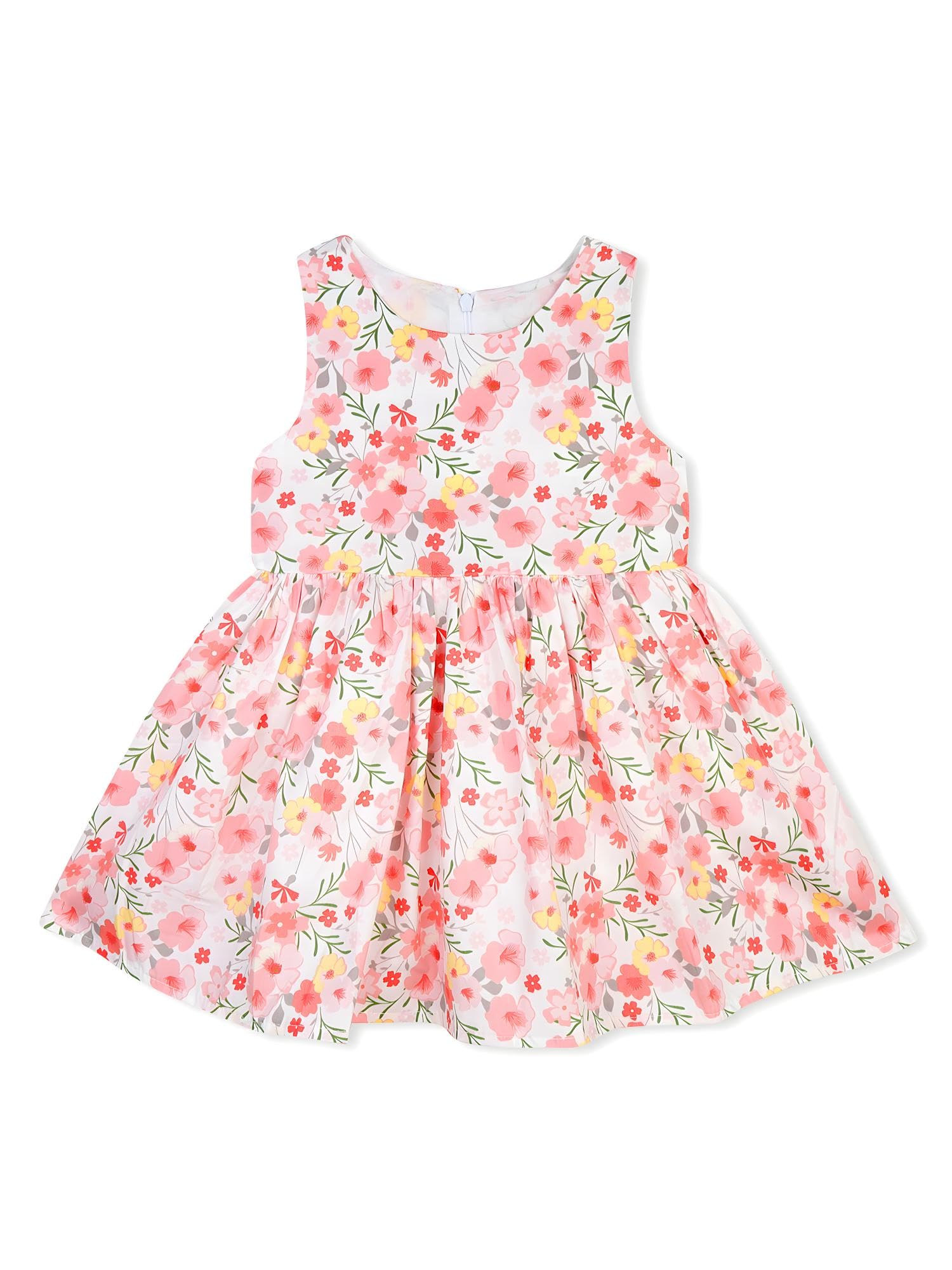 AMIONE Cotton Elegant Fancy Yellow Red Flowers Printed Design Summer Party Dress Frock for Baby Girls