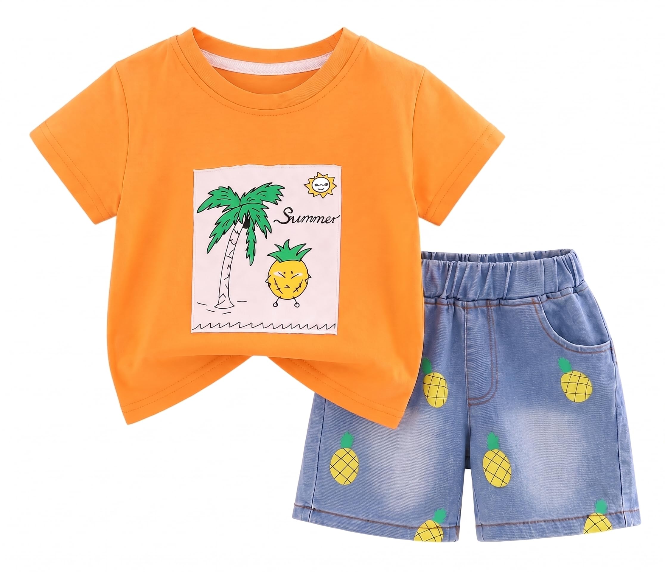 AMIONE Cotton Pineapple Orange Palm Pineapple Design Short Sleeve Tshirt and Shorts Clothing Coord Set for Baby Boys & Girls
