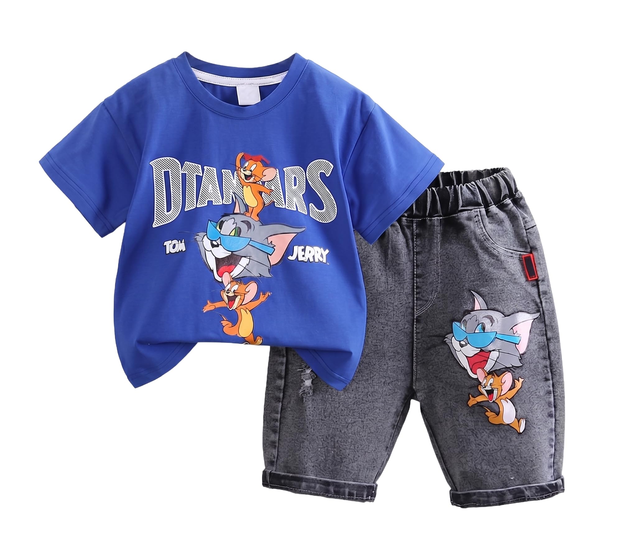 AMIONE Cotton Tom Cartoon Jerry Design Short Sleeve Tshirt and Cropped Denim Jeans Capri Style Clothing Coord Set for Baby Boys & Girls