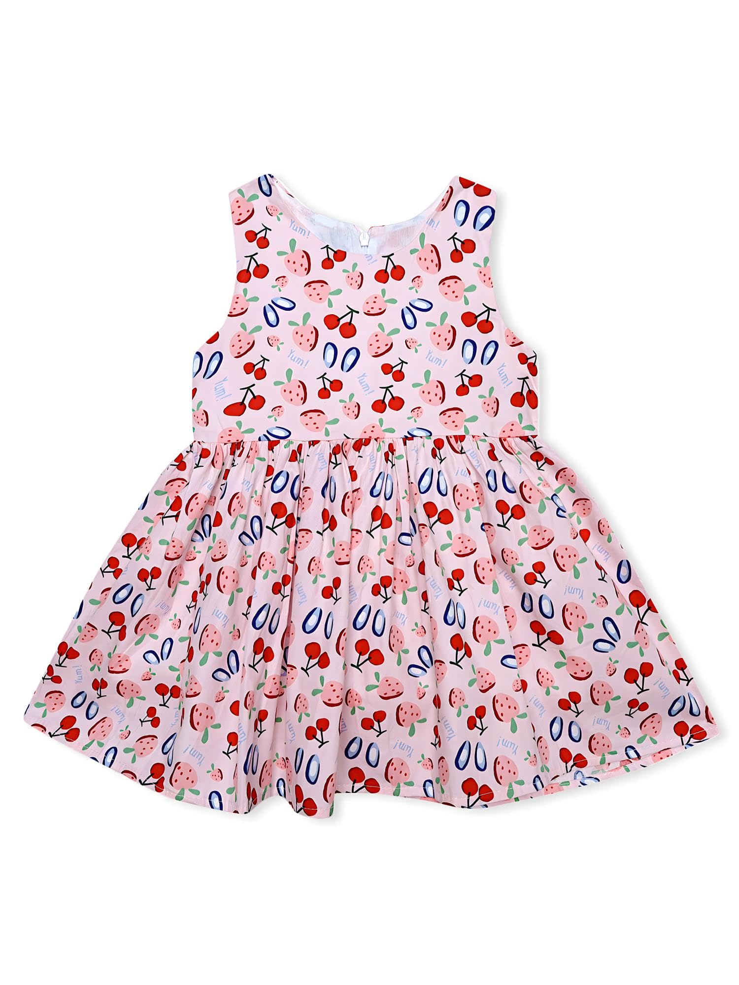 AMIONE Cotton Elegant Fancy Cherry Strawberry Printed Design Summer Party Dress Frock for Baby Girls