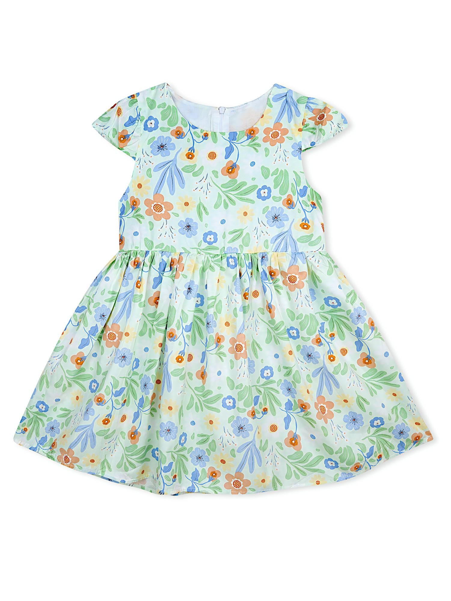 AMIONE Cotton Elegant Fancy Blue Flowers on Green Printed Design Summer Party Dress Frock for Baby Girls