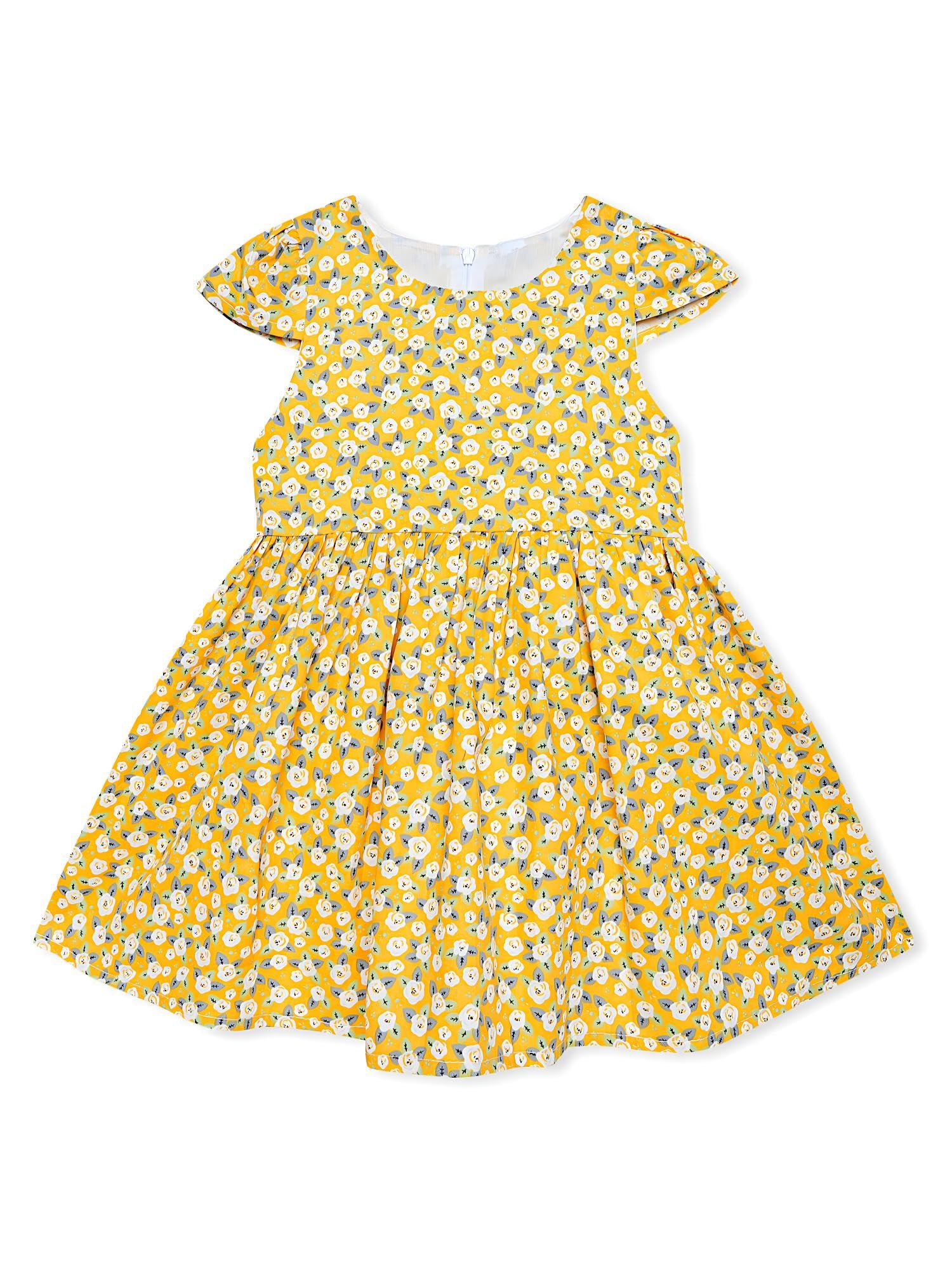 AMIONE Cotton Elegant Fancy White Flowers Yellow Printed Design Summer Party Dress Frock for Baby Girls