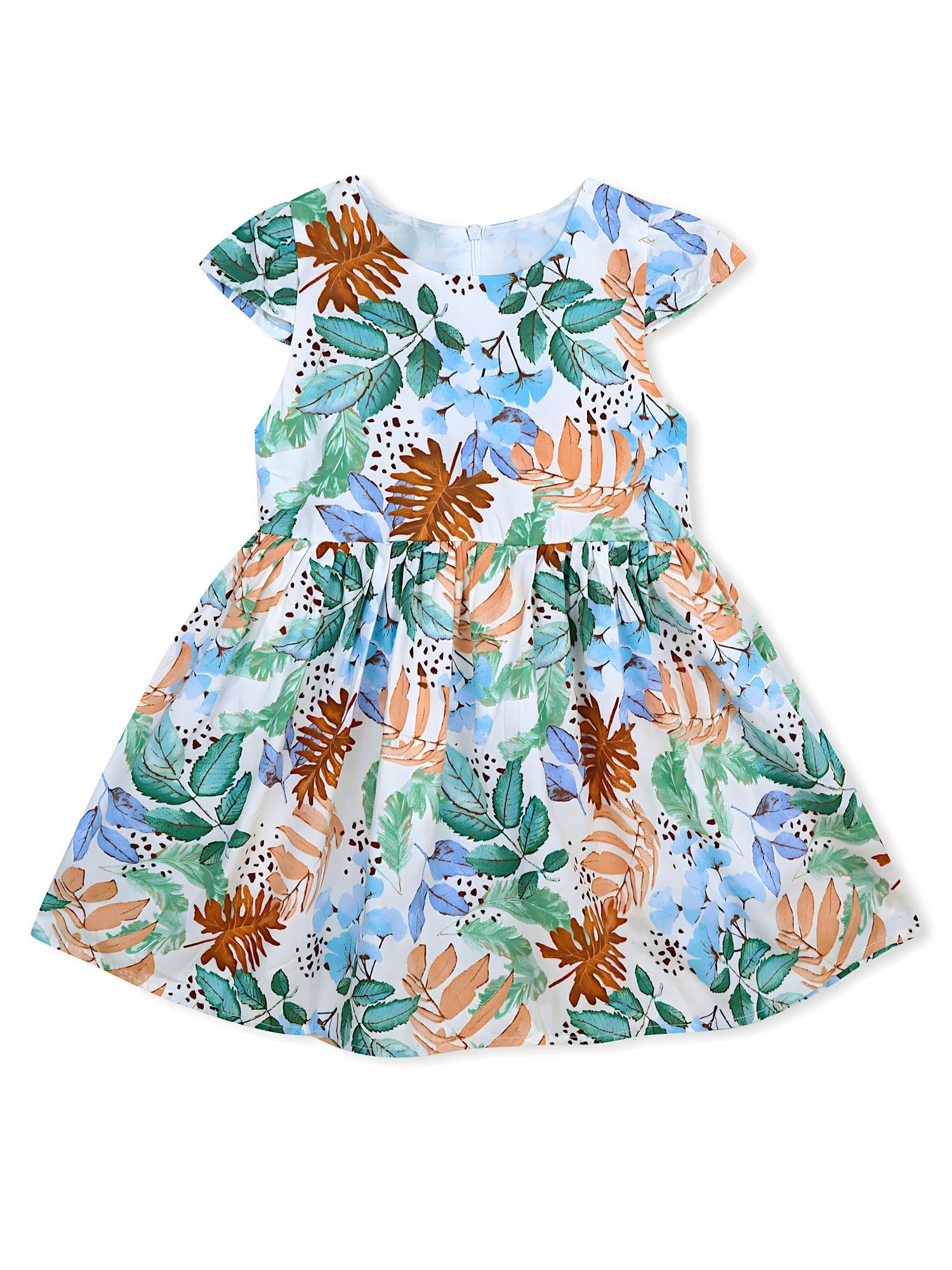 AMIONE Cotton Elegant Fancy Leaf Flowers Printed Design Summer Party Dress Frock for Baby Girls