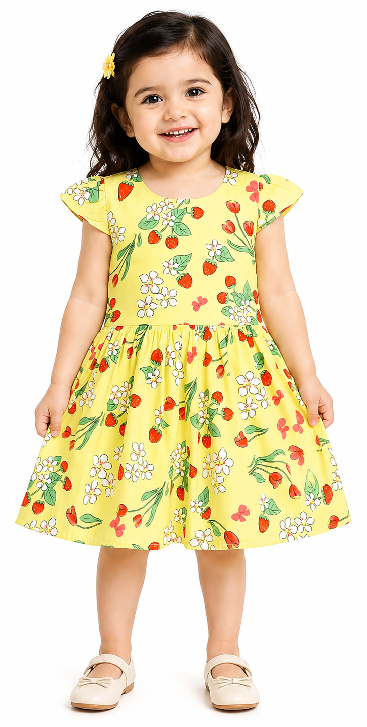 AMIONE Cotton Elegant Fancy Strawberry Flowers Yellow Printed Design Summer Party Dress Frock for Baby Girls