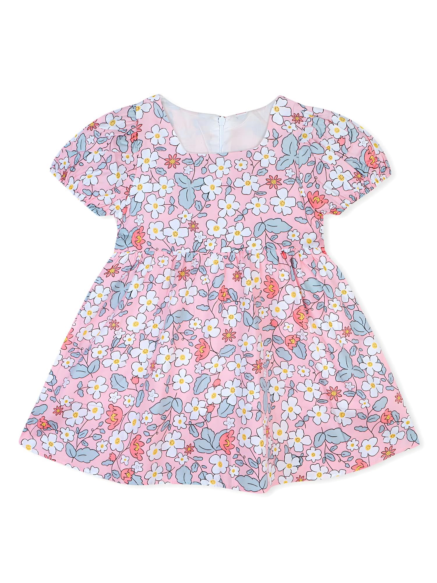 AMIONE Cotton Elegant Fancy Stem Flowers on Pink Printed Design Summer Party Dress Frock for Baby Girls