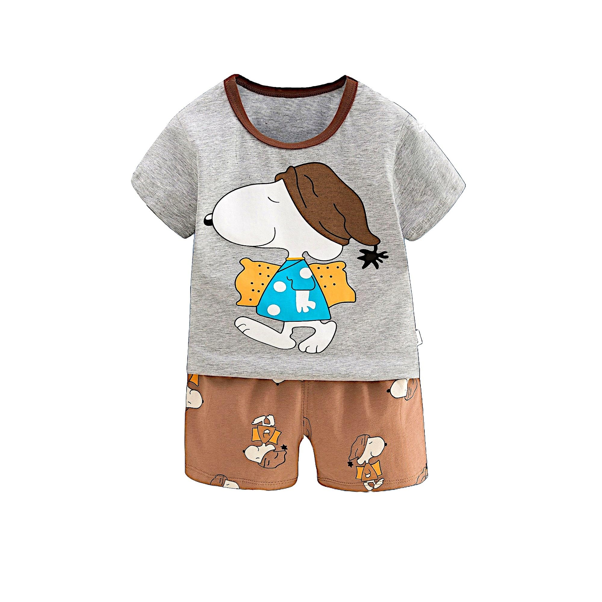 AMIONE Casual Cotton Summer Regular Fit Girl Snoopy tshirt Top and Shorts Kids Clothing Set Dress Nightsuit for Baby Girls & Baby Boys