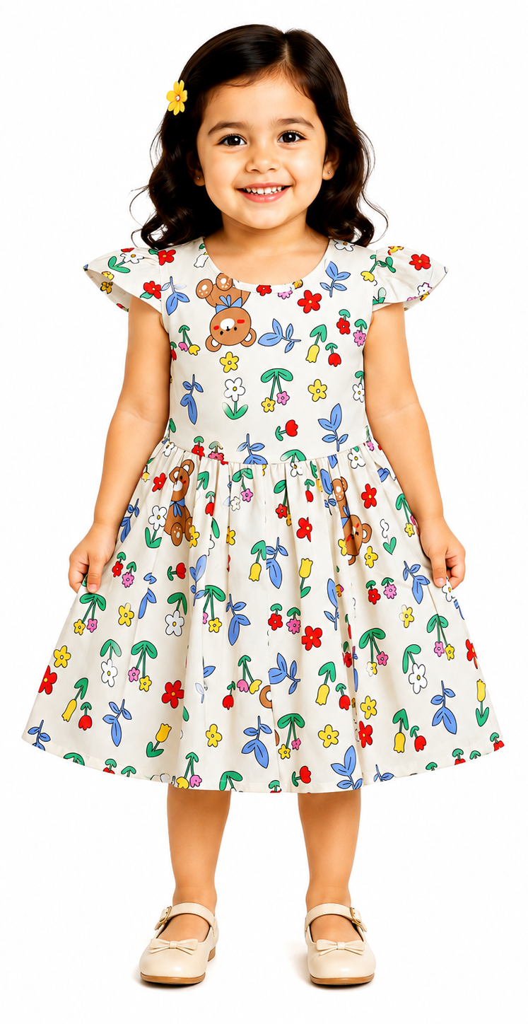 AMIONE Cotton Elegant Fancy Flowers & Teddy Bear Printed Design Summer Party Dress Frock for Baby Girls